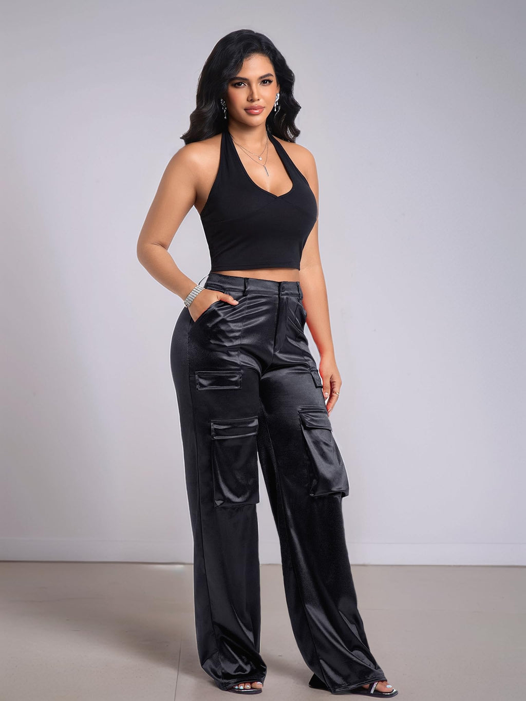 Aressdom Metallic Satin Cargo Pants for Women High Waisted Wide Leg Pants with Pockets, Dressy Going Out Concert Outfits