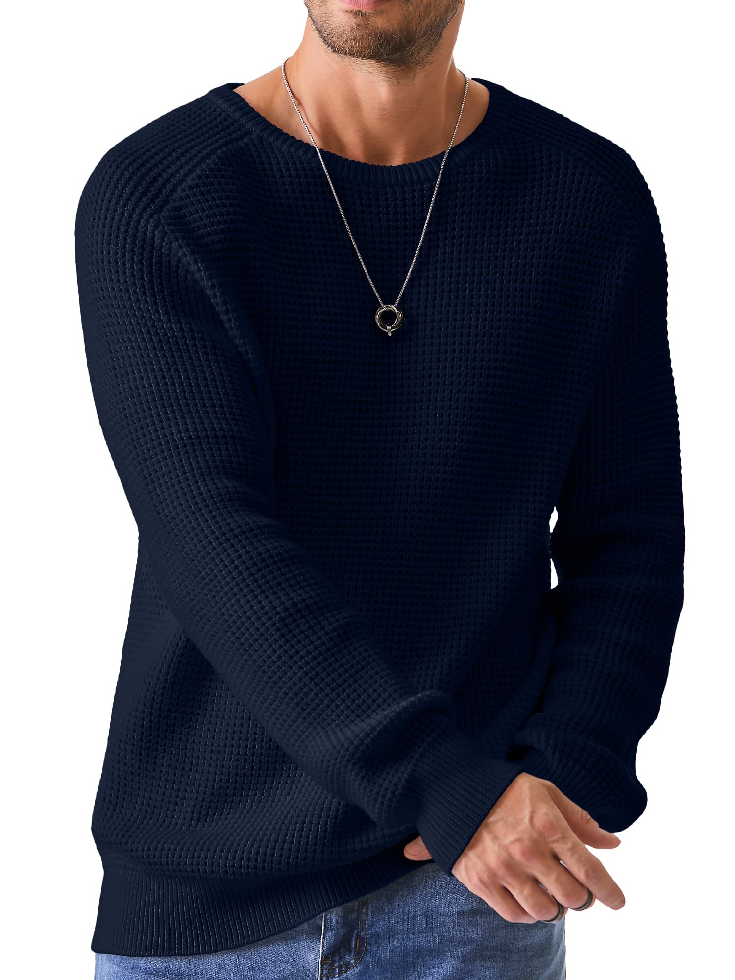 JMIERR Men's Crewneck Pullover Sweater Waffle Textured Knitted Sweaters Casual Loose Fit Sweaters with Ribbing Edge