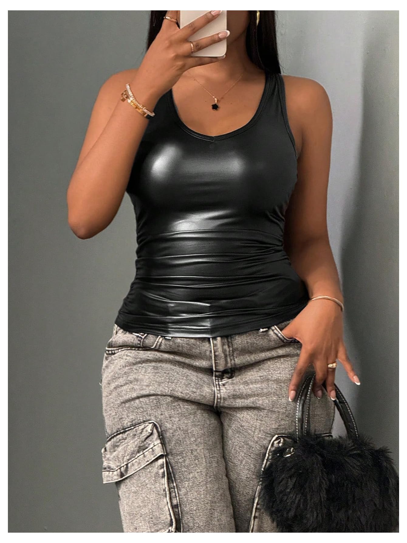 OYOANGLE Women's Faux PU Leather Tank Top Y2K Sleeveless Vest Fitted Ruched U Neck Going Out Tops Party Concert Outfits