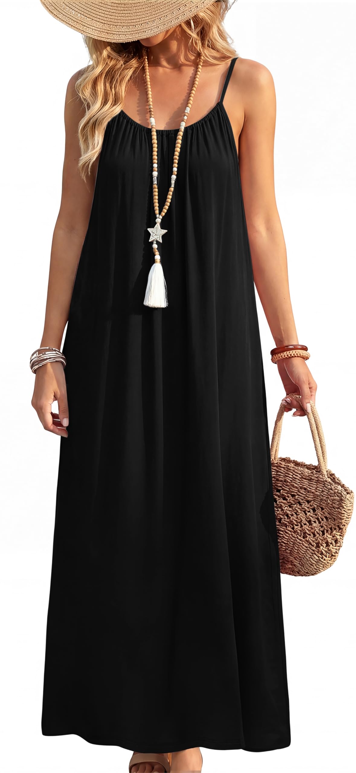 OFEEFAN Summer Dresses for Women 2026 Backless Cami Maxi Sundresses Spaghetti Strap Beach Vacation Clothes Swimsuit Coverup