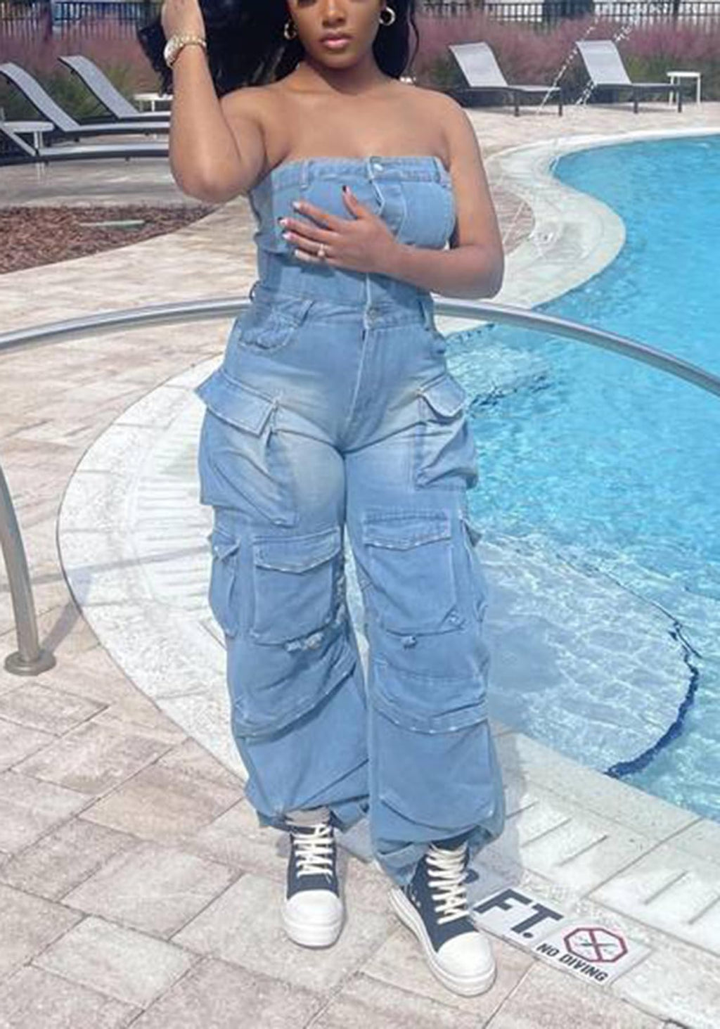 LKOUS Casual Cargo Denim Jumpsuit for Women, Elastic Stretch Multi Pockets Button Down Straight Leg Jeans Jumpsuits