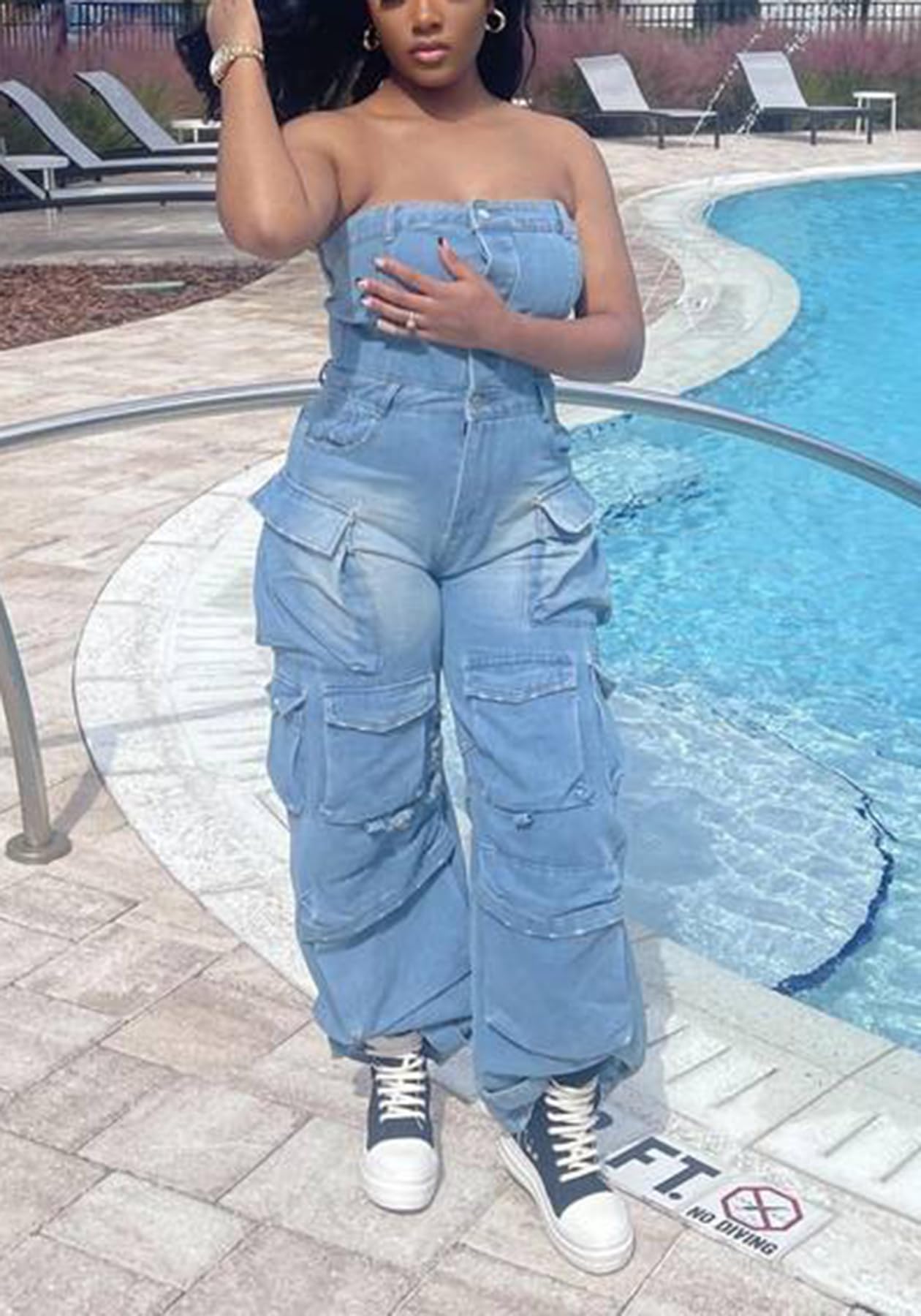LKOUS Casual Cargo Denim Jumpsuit for Women, Elastic Stretch Multi Pockets Button Down Straight Leg Jeans Jumpsuits