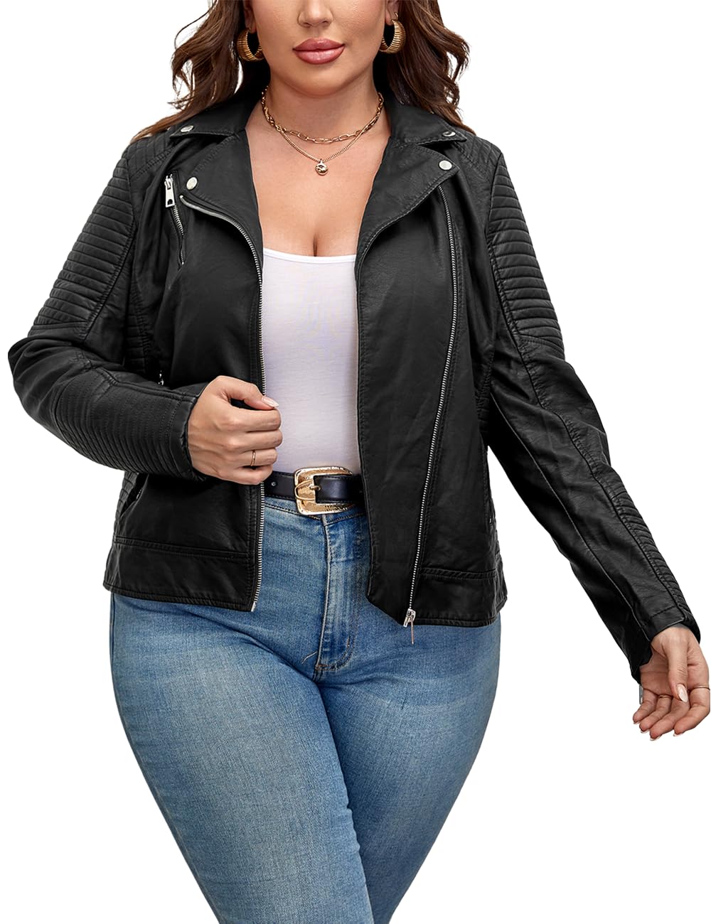 Geschallino Women's Faux Leather Jacket Plus Size Fall Motorcycle Biker Clothes Outfits Short Fashion PU Coat (1X-5X)