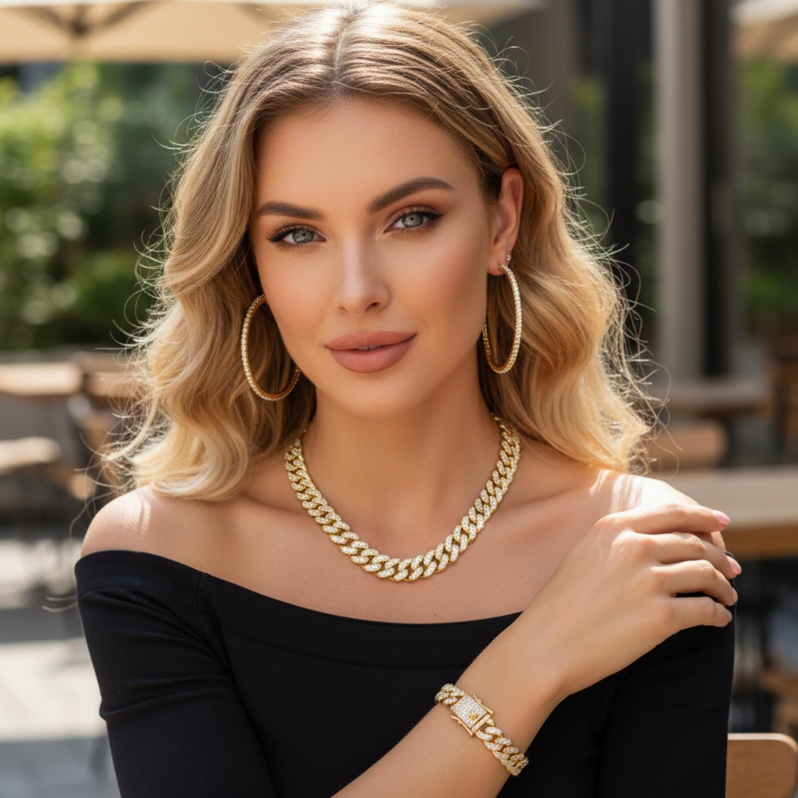 Batiyeer 3 Pcs Cuban Link Chain Necklace Bracelet Rhinestone Hoop Earrings Bling Crystal Hip Hop Jewelry for Women