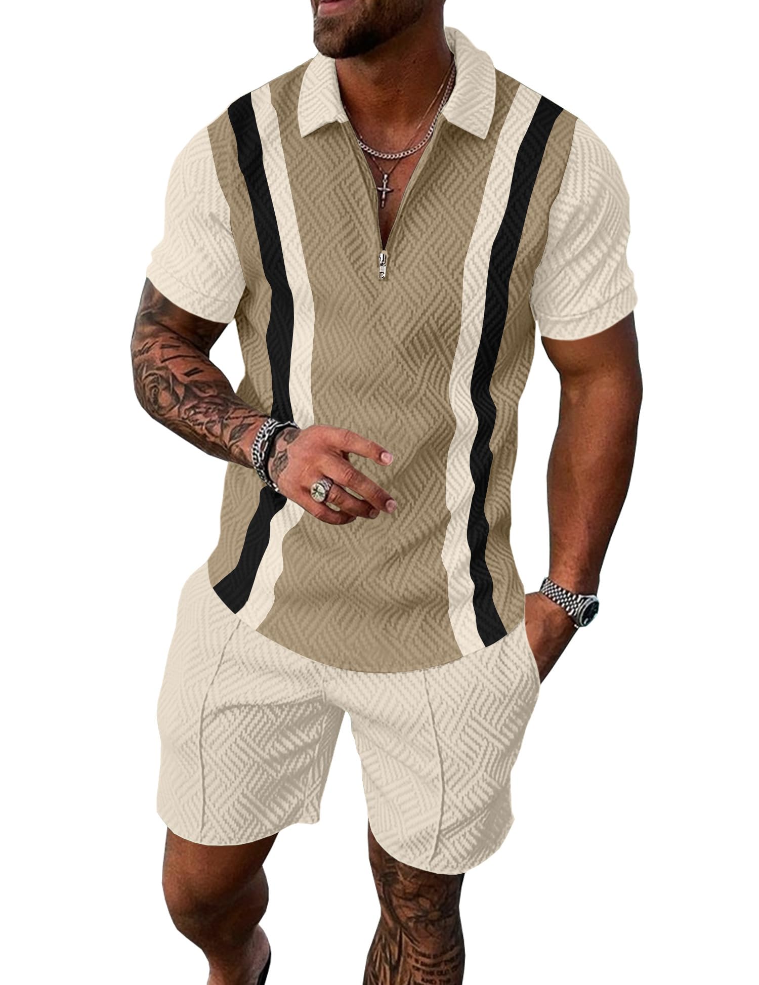 UOUA Mens Summer Track Suits 2 Piece Shorts Sets Short Sleeve Sweatsuit Outfits 1/4 Zip Golf Polo Splicing Striped Shirts
