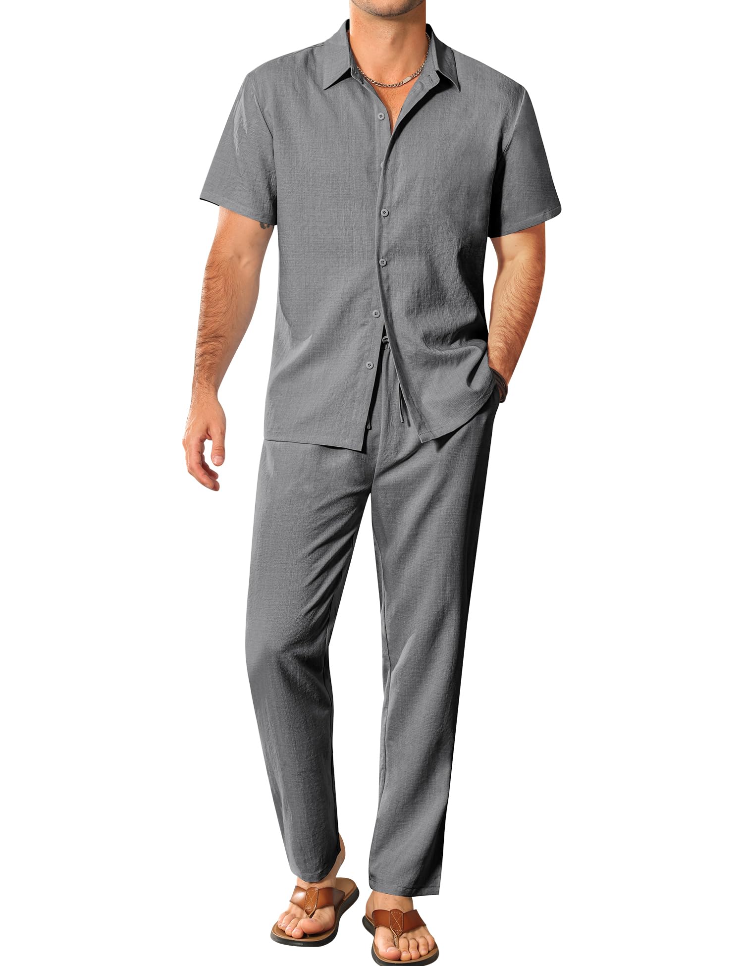 LecGee Mens 2 Piece Texture Outfit Casual Short Sleeve Button Down Shirt and Long Pants Linen Vacation Beach Sets