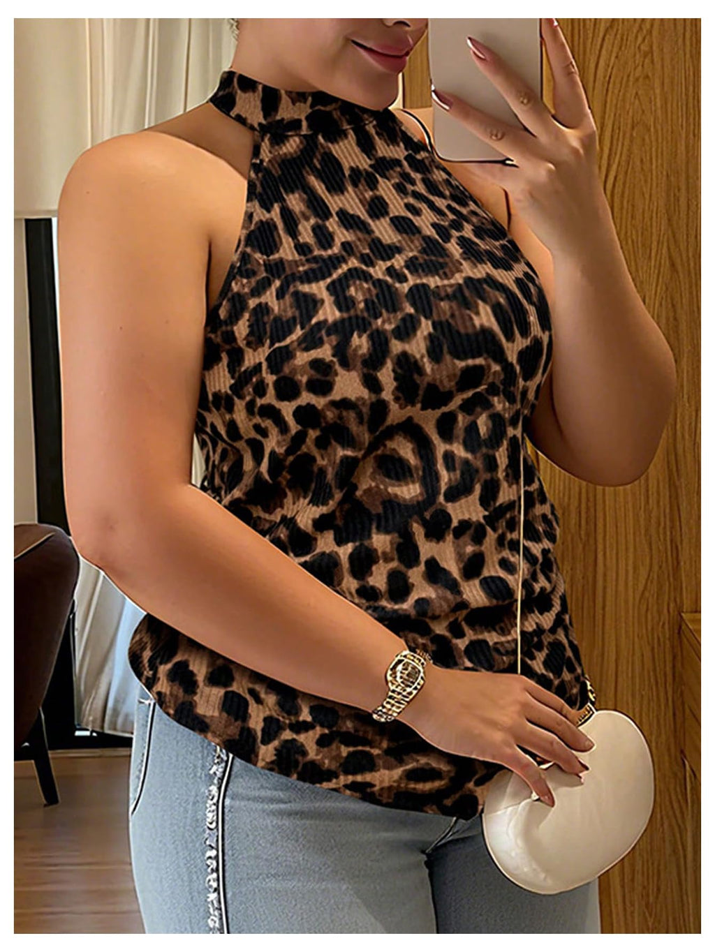 SweatyRocks Women's Plus Size Leopard Mock Neck Halter Tops Ruched Asymmetrical Y2k Tank Top