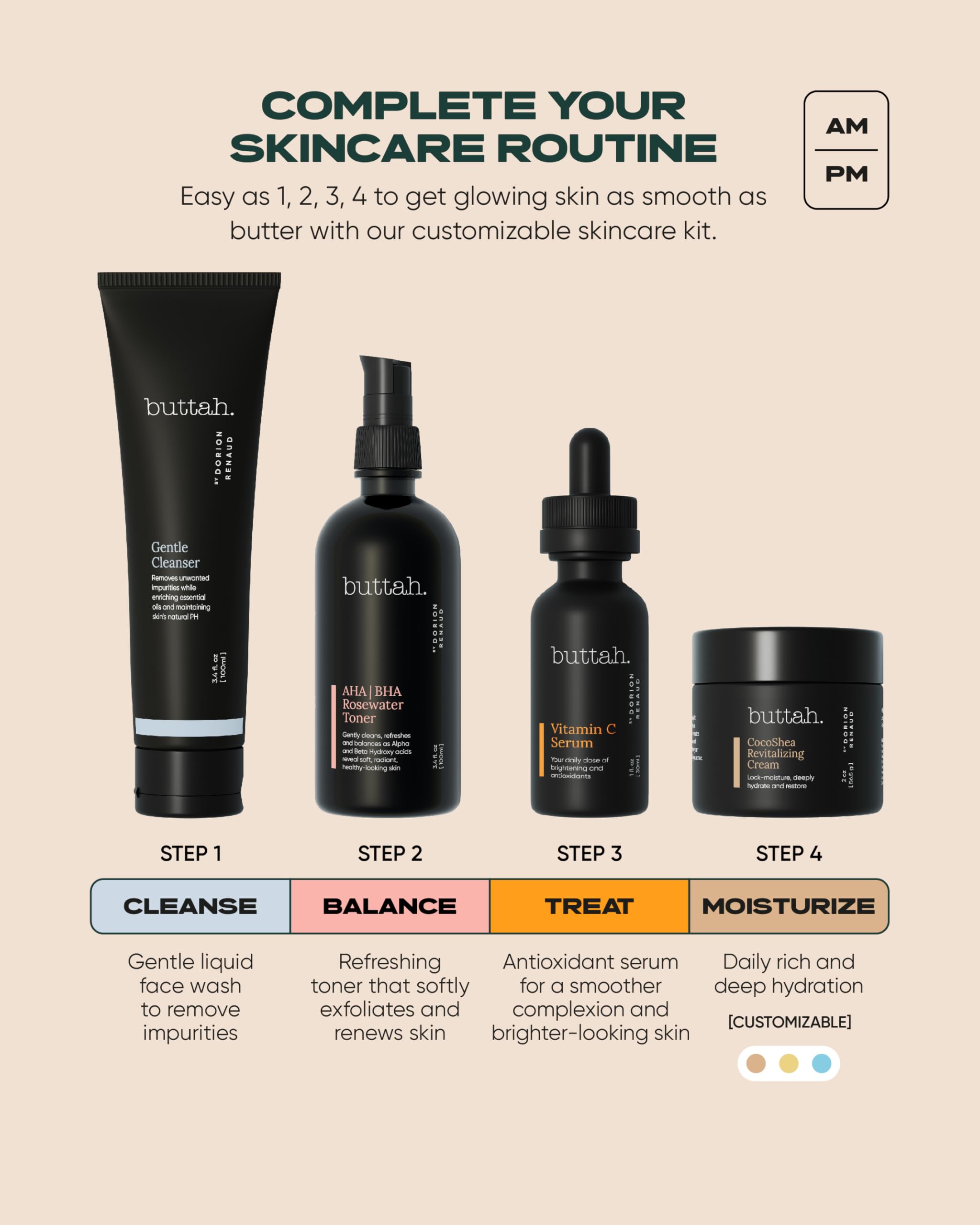 Buttah Skin Supreme Kit for Melanin Rich Skin | Buttah Moistuizer 2 oz | Vitamin C Serum 1 oz | Cleanser 3.4 oz | Rosewater Toner 3.4 oz | Black Owned Skincare