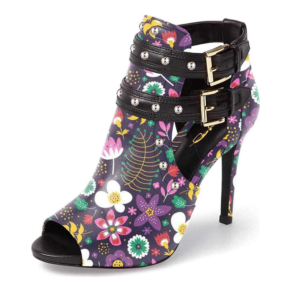 XYD Women Chic Studs Peep Toe Ankle Bootie High Heel Pumps Buckled Double Straps Cutout Fashion Party Shoes