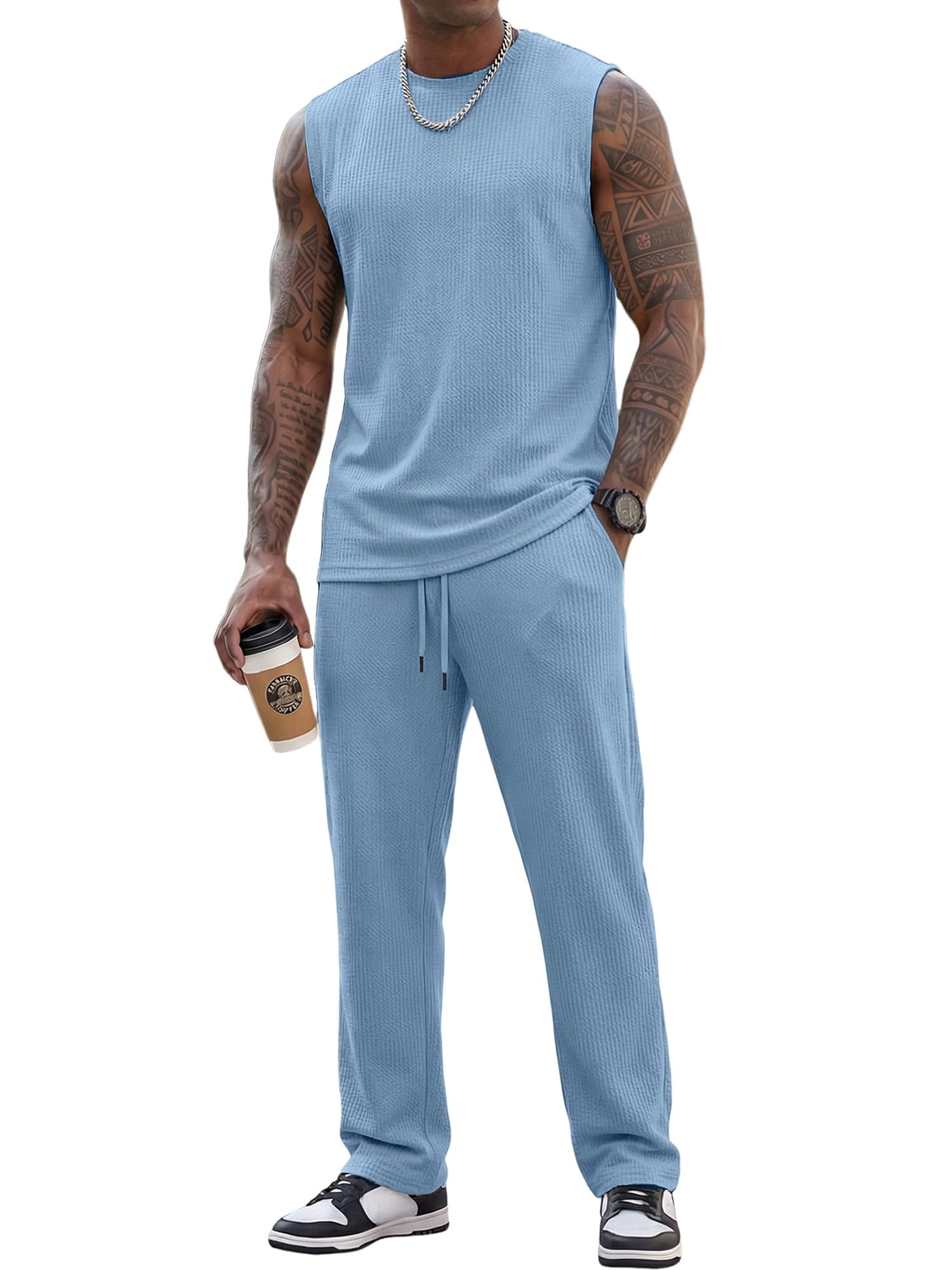 JMIERR Men Fashion 2 Piece Set Casual Muscle Tank Baggy Pants Stretch Textured Beach Street HipHop Sleeveless Shirts