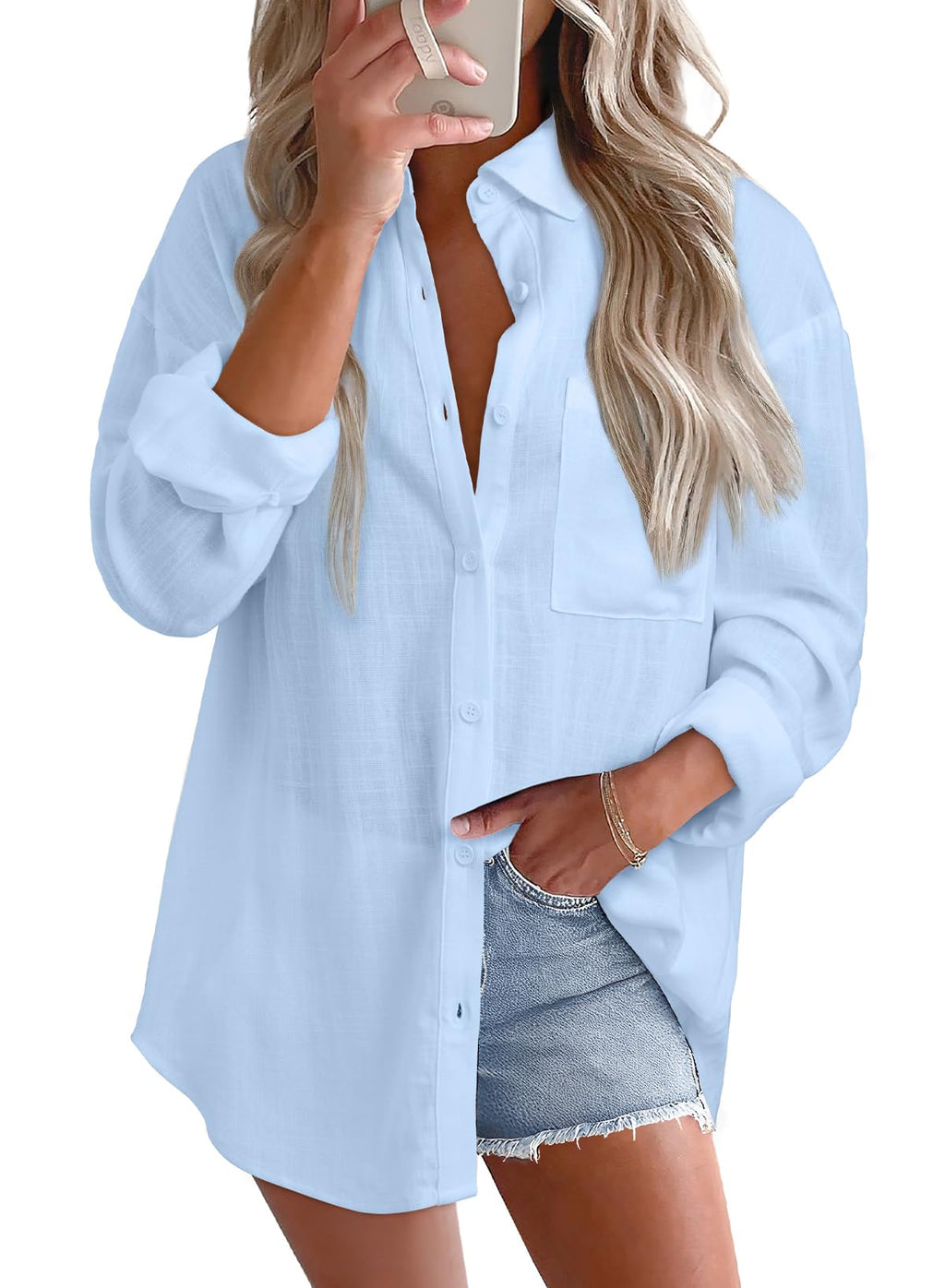 Astylish Women 2026 Loose Fit Tops Cotton Linen Button Down Shirts Collared Roll Up Long Sleeve V Neck Blouses