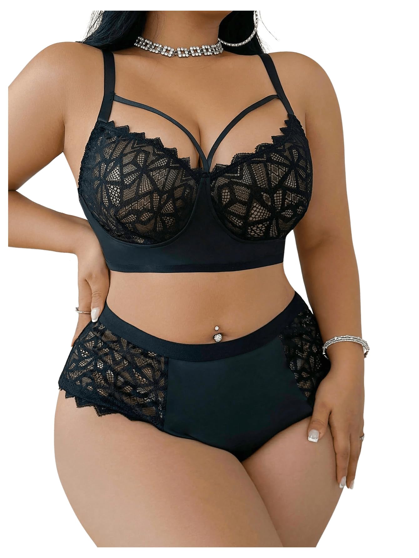 MakeMeChic Women's Plus Size Lingerie Sets Contrast Lace Cut Out Wireless Bra and Panty Set