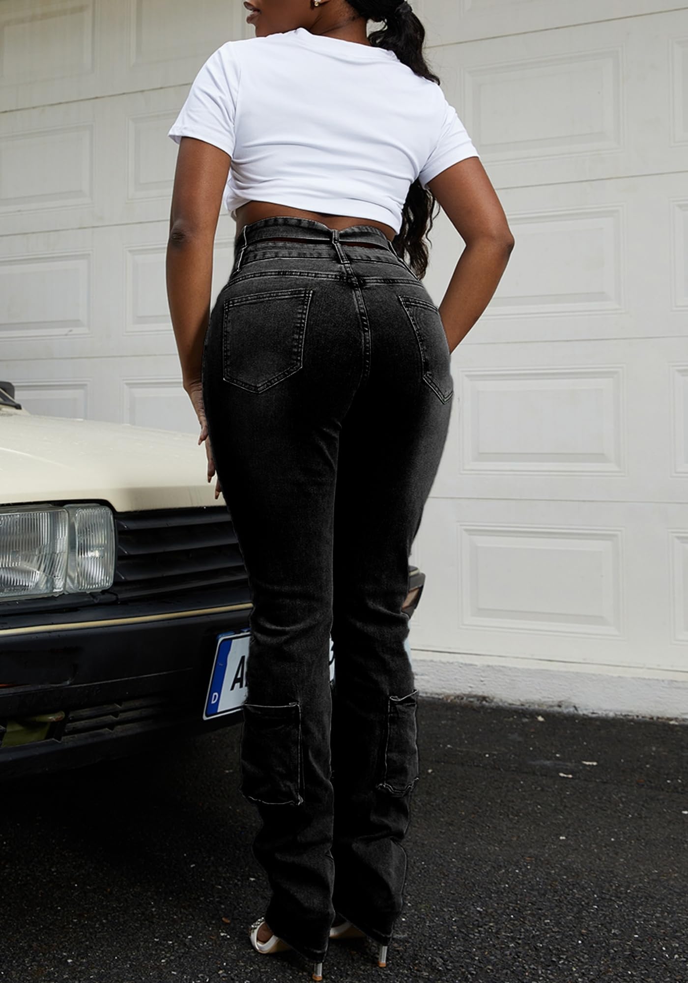 Vaceky Women's Stretch Jeans with Removable Cross Strap Cutout Waist Distressed Cargo Pants