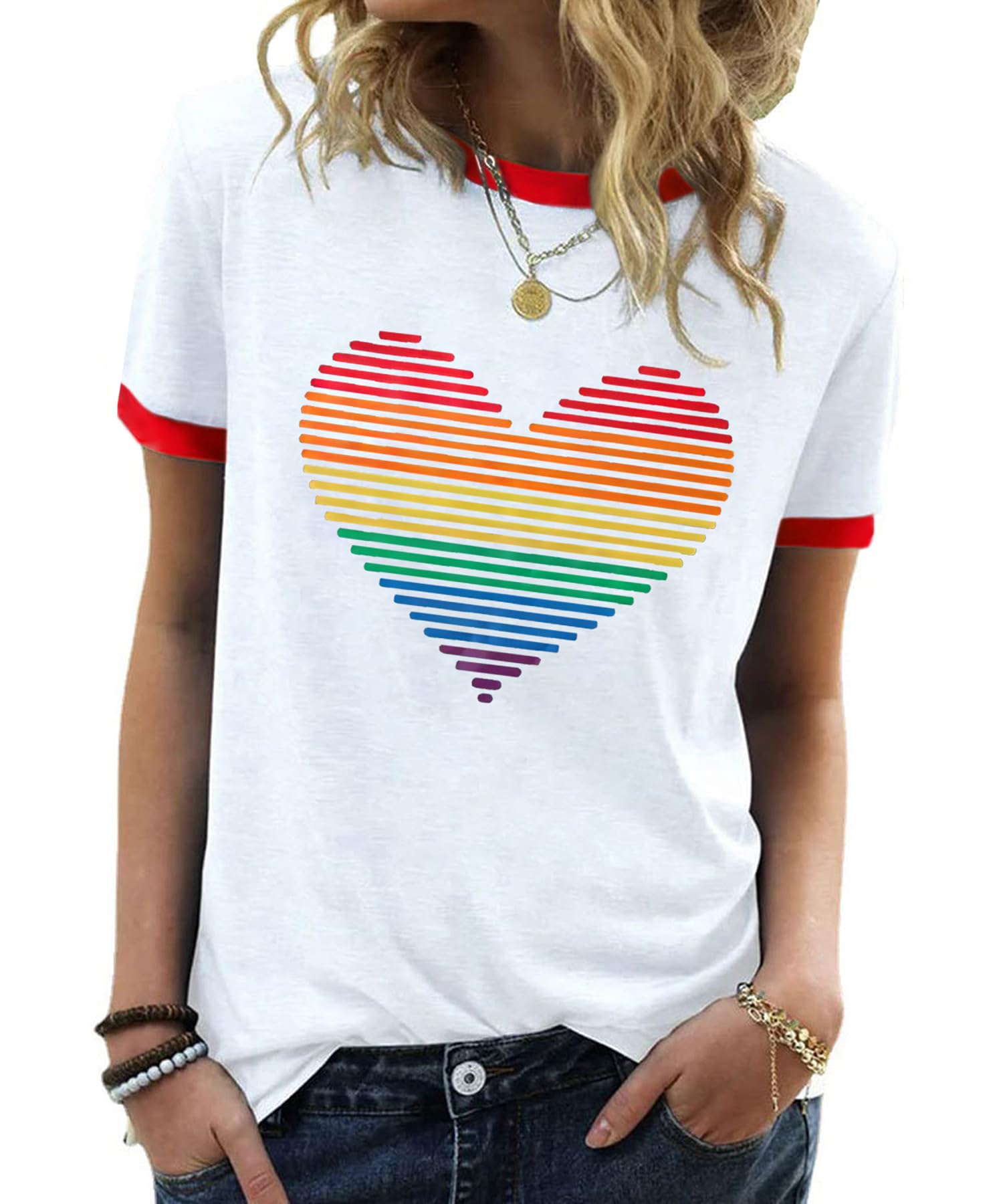 YZMI Pride Shirts for Women Pride Month Rainbow Graphic T-Shirt LGBTQ Support Red Ringer Tee