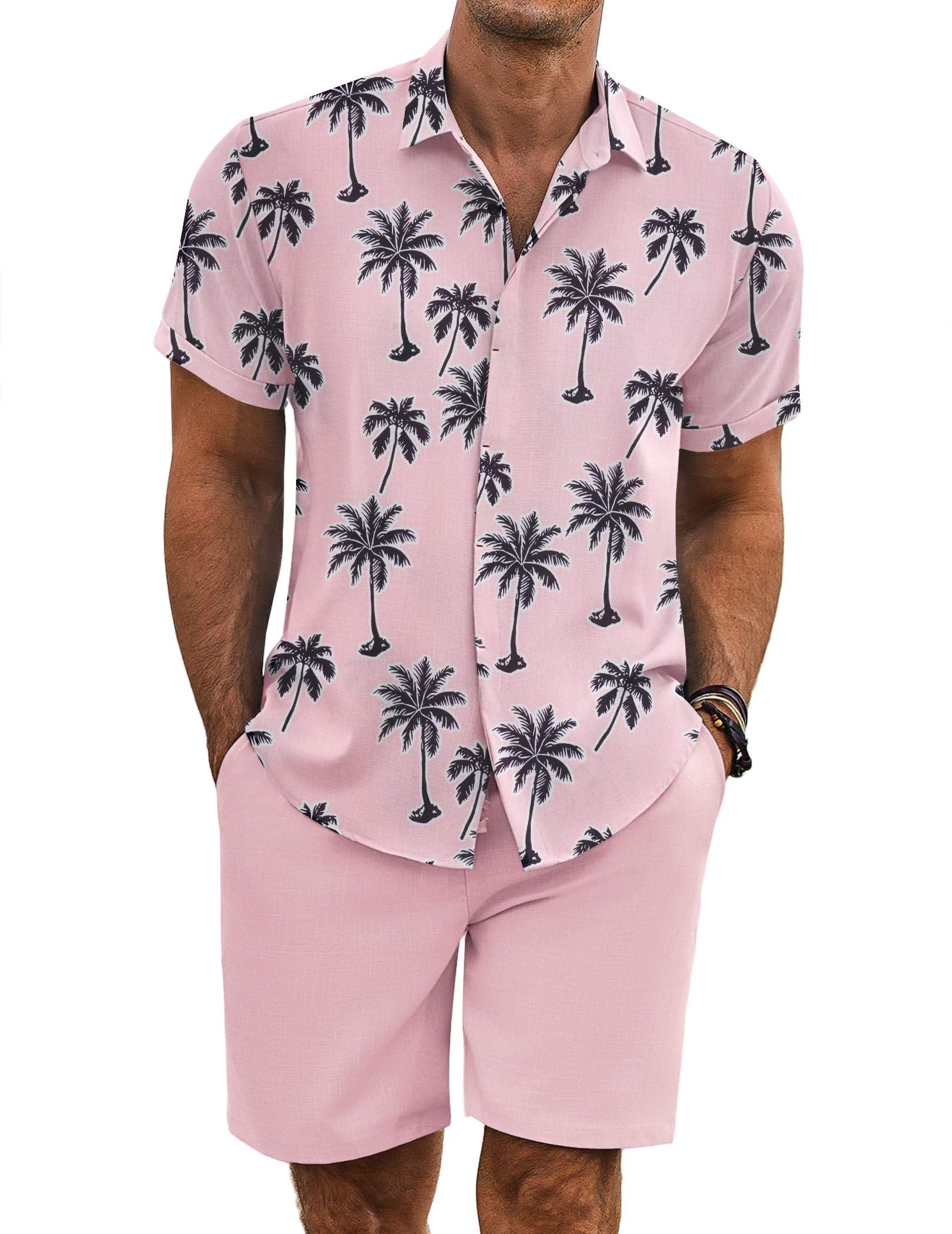 COOFANDY Men's Summer Beach Outfits 2 Piece Short Sleeve Shirts and Shorts Vacation Texture Linen Sets for Men