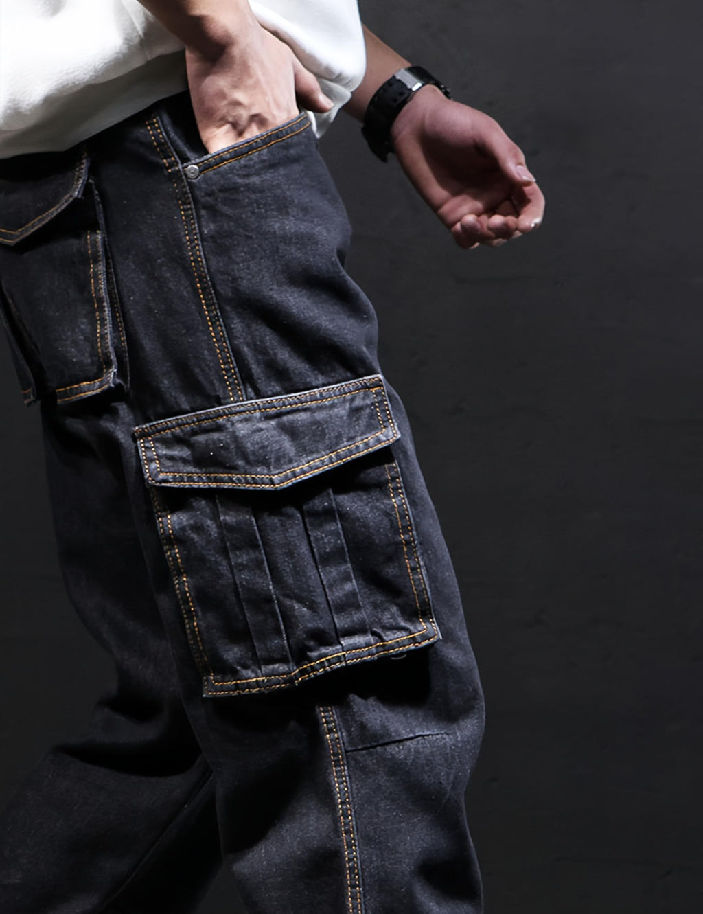 Yeokou Men's Casual Loose Hip Hop Denim Work Pants Jeans with Cargo Pockets