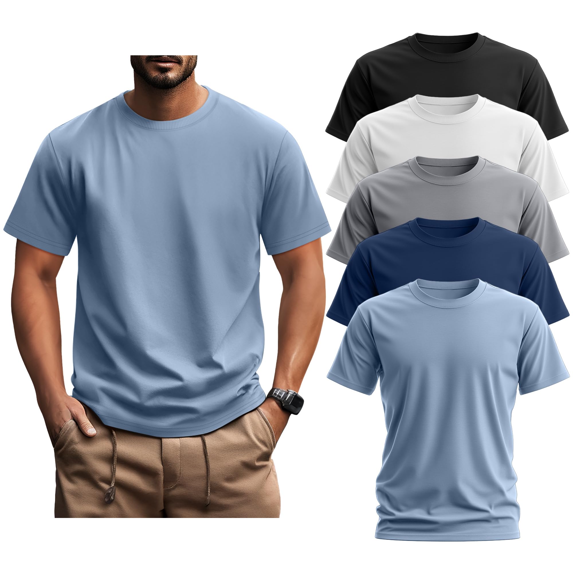 Ficerd 5 Pack Men's Big and Tall Shirts Short Sleeve Cotton Tee Summer Crew Neck Oversize Top Loose Fit Shirt Multipack