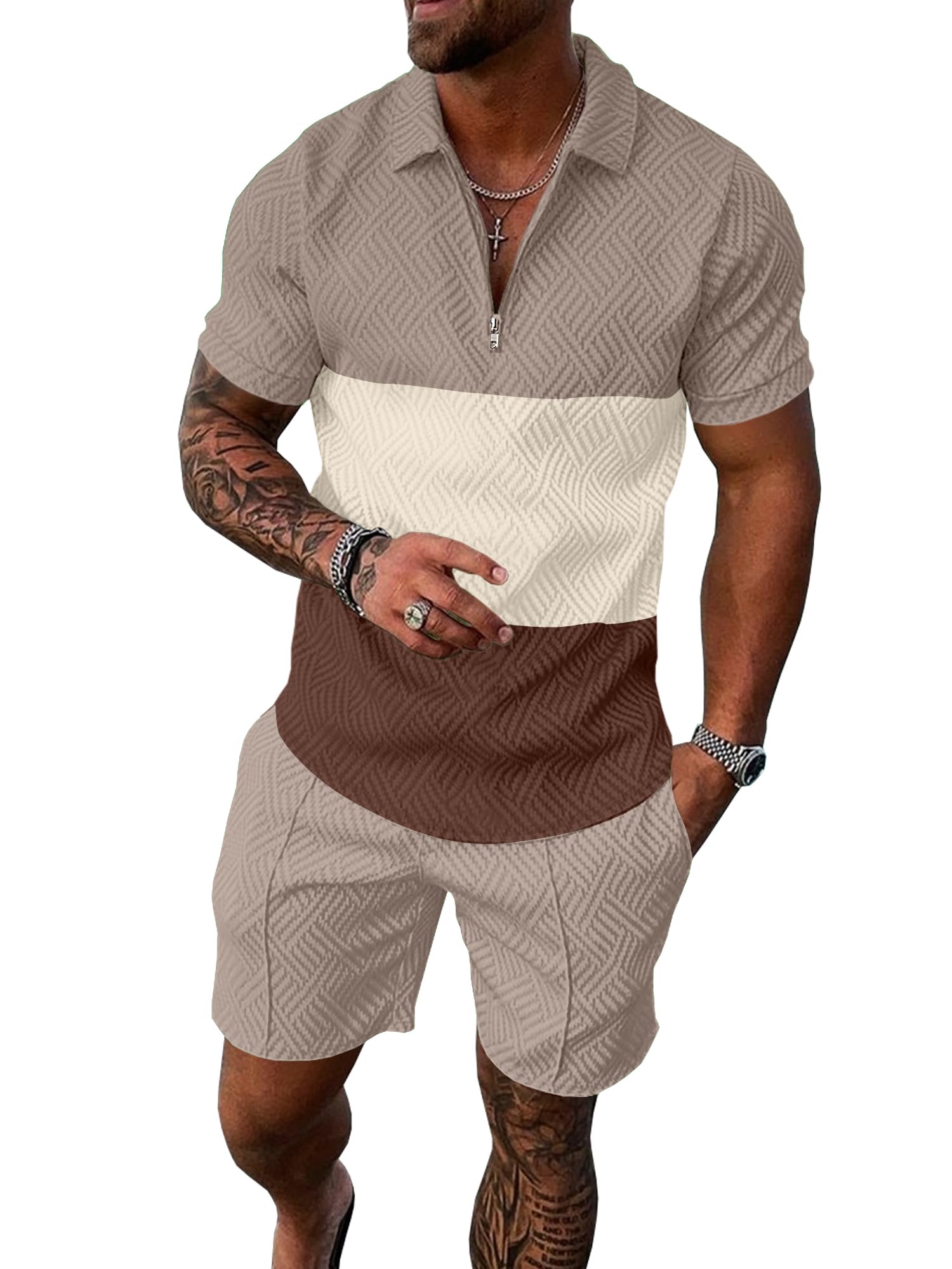 UOUA Mens Summer Track Suits 2 Piece Shorts Sets Short Sleeve Sweatsuit Outfits 1/4 Zip Golf Polo Splicing Striped Shirts