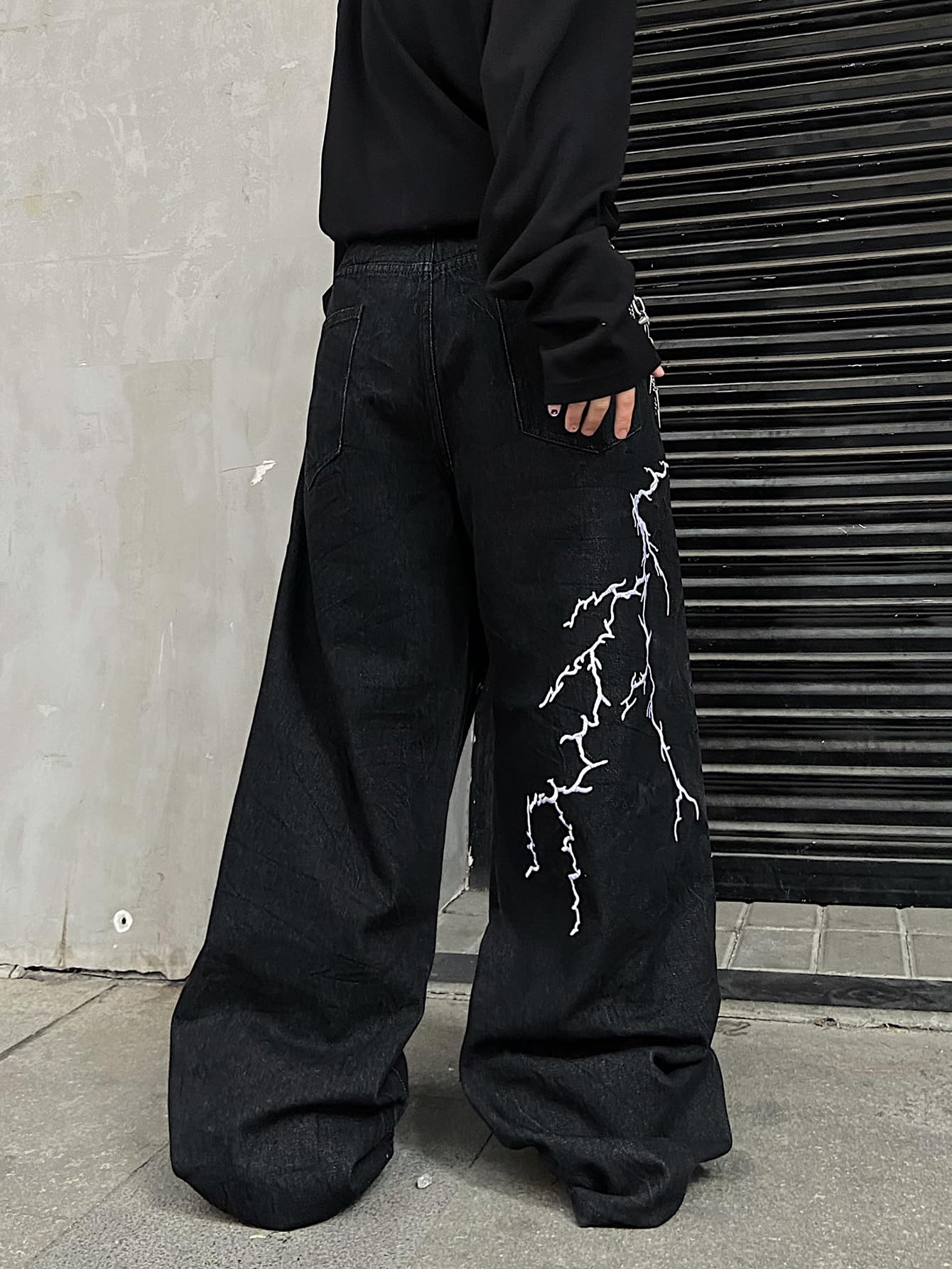 DFGIGT Men's Hip-hop Embroidered Baggy Jeans Loose Fit Denim Black Trousers