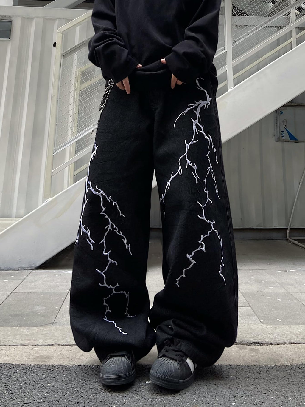 DFGIGT Men's Hip-hop Embroidered Baggy Jeans Loose Fit Denim Black Trousers