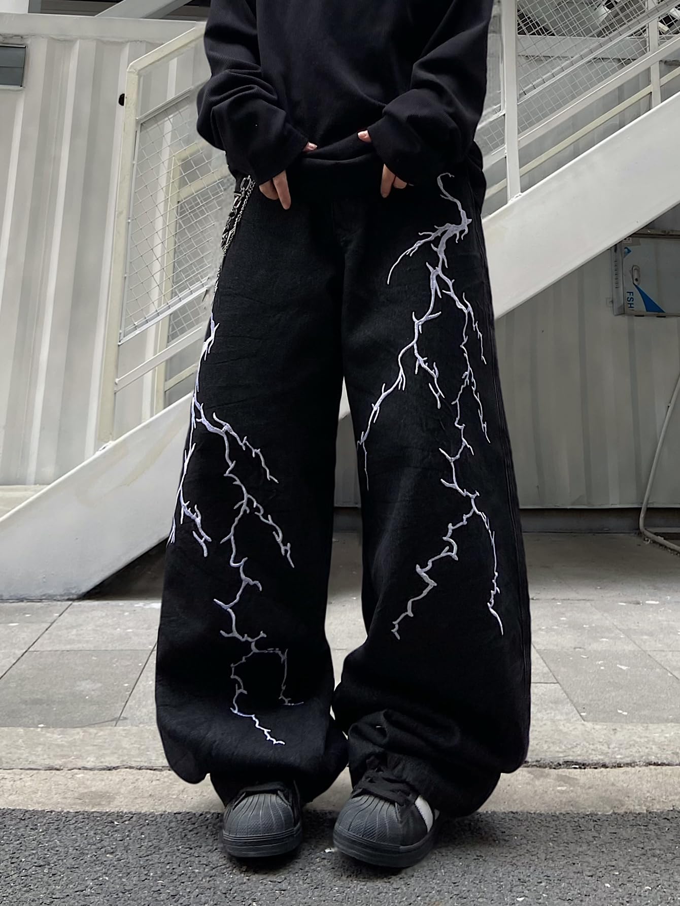 DFGIGT Men's Hip-hop Embroidered Baggy Jeans Loose Fit Denim Black Trousers