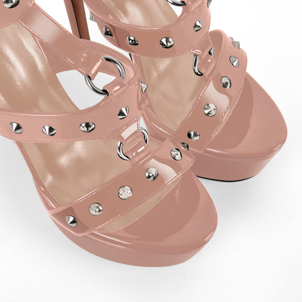 Only maker Open Toe Stiletto Heeled Platform Sandals for Women T-strappy Buckle up Rivet Studded Open-back Summer Sandals
