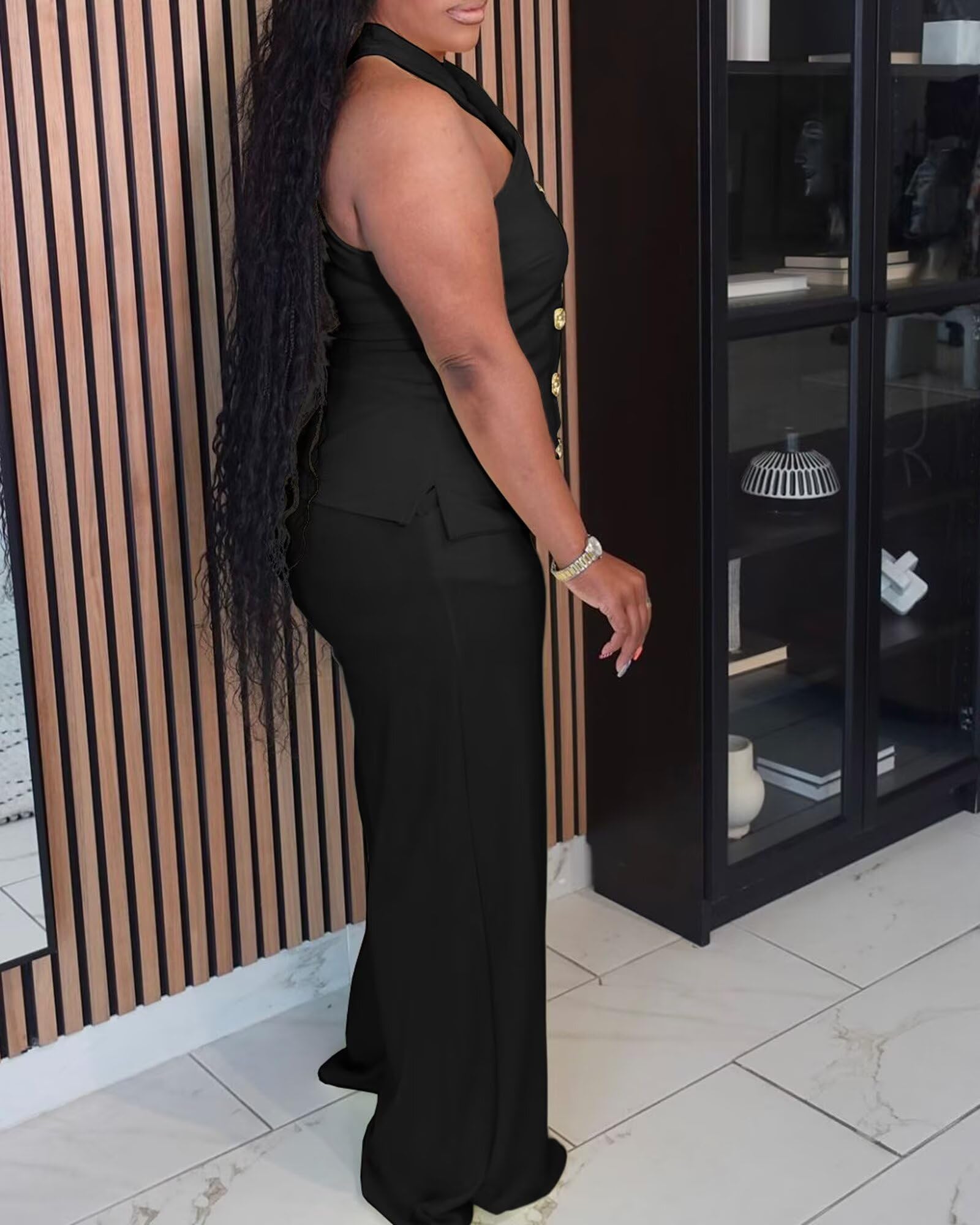 Womens Plus Size Two Piece Outfits Summer Button Halter Neck Vest Tank Tops Wide Leg Pants Suit Matching Sets