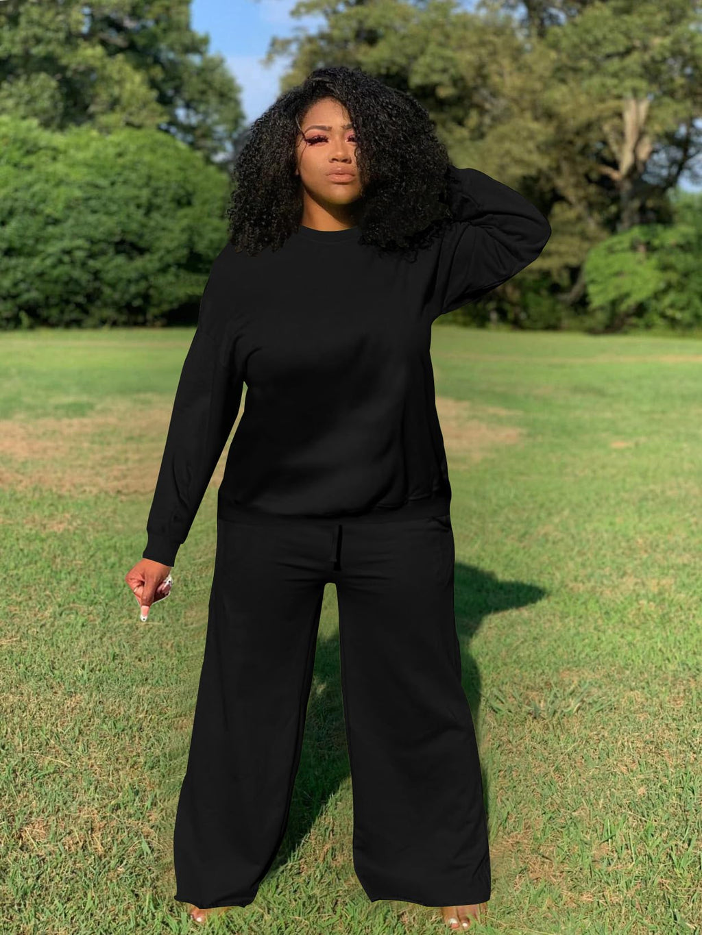 TOPSRANI Womens Plus Size Sweatsuits Tracksuit 2 Piece Outfits Crewneck Lounge Set Long Sleeve Baggy Wide Leg Pant Sets
