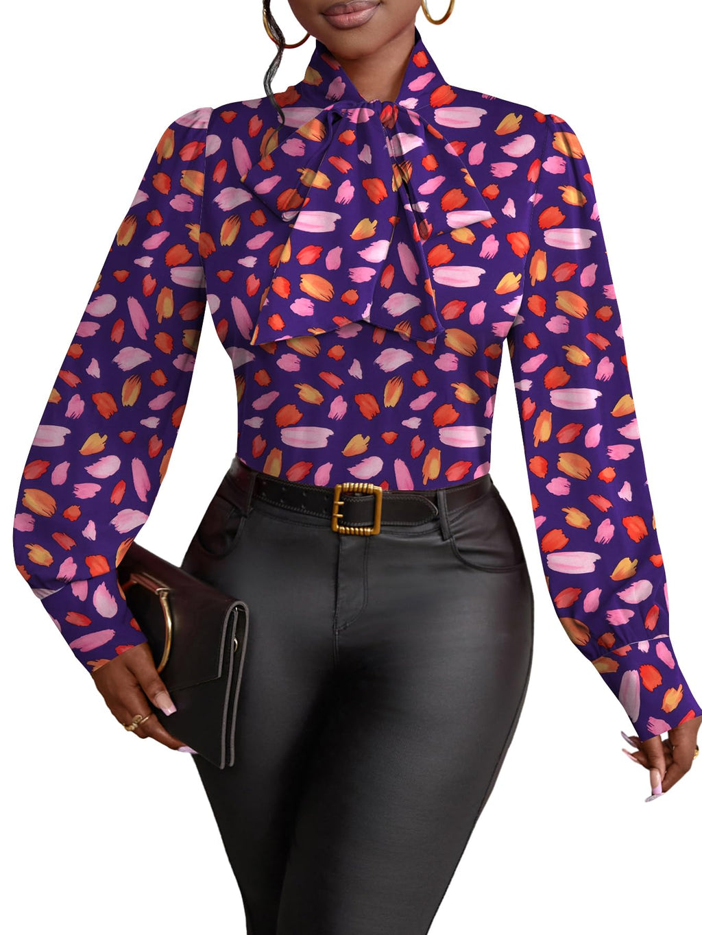 Vrtige Women's Bow Tie Neck Long Sleeve Elegant Blouse Shirt Top