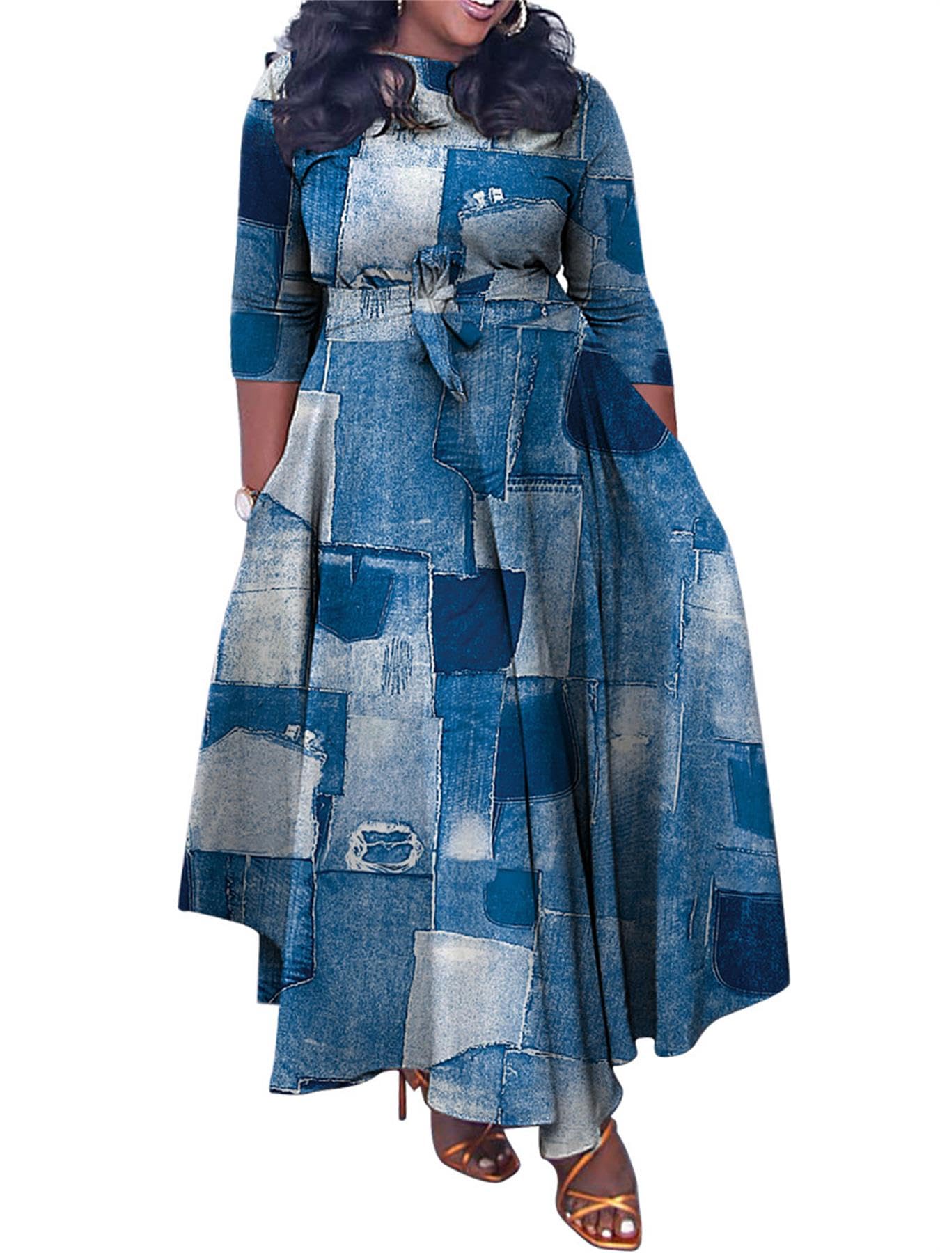 Baczoe Plus Size Dress for Curvy Women Stretch Self Tie A-Line Maxi Dress with Pockets Swing Long Outfit