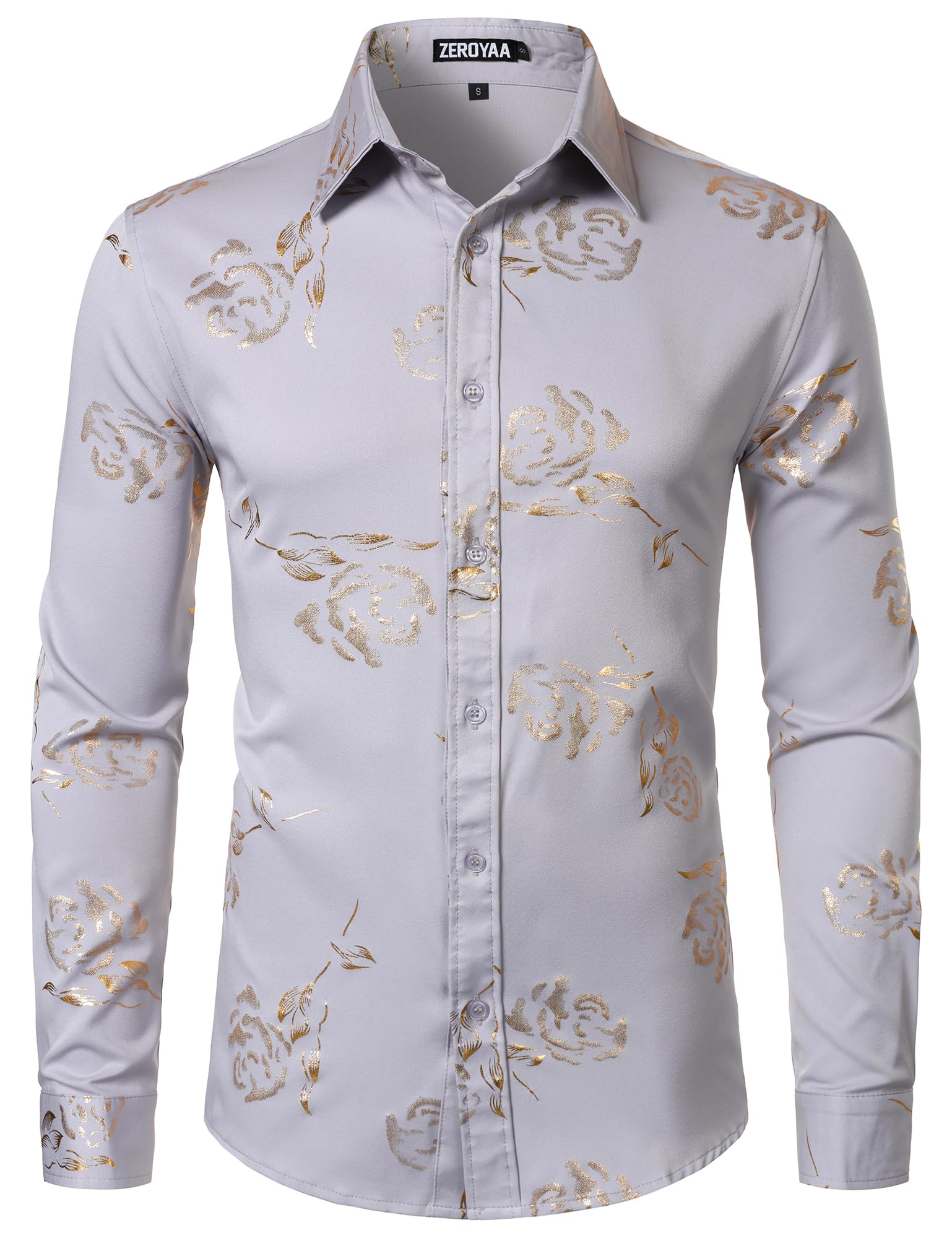 ZEROYAA Mens Hipster Rose Printed Slim Fit Long Sleeve Dress Shirts Prom Performing Shirts