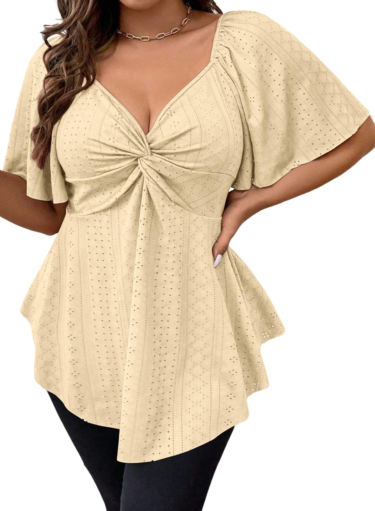 Eytino Womens Plus Size Tops Twist Front V Neck Short Sleeve Eyelet Embroidery Summer Loose Blouse Shirts(1X-5X)