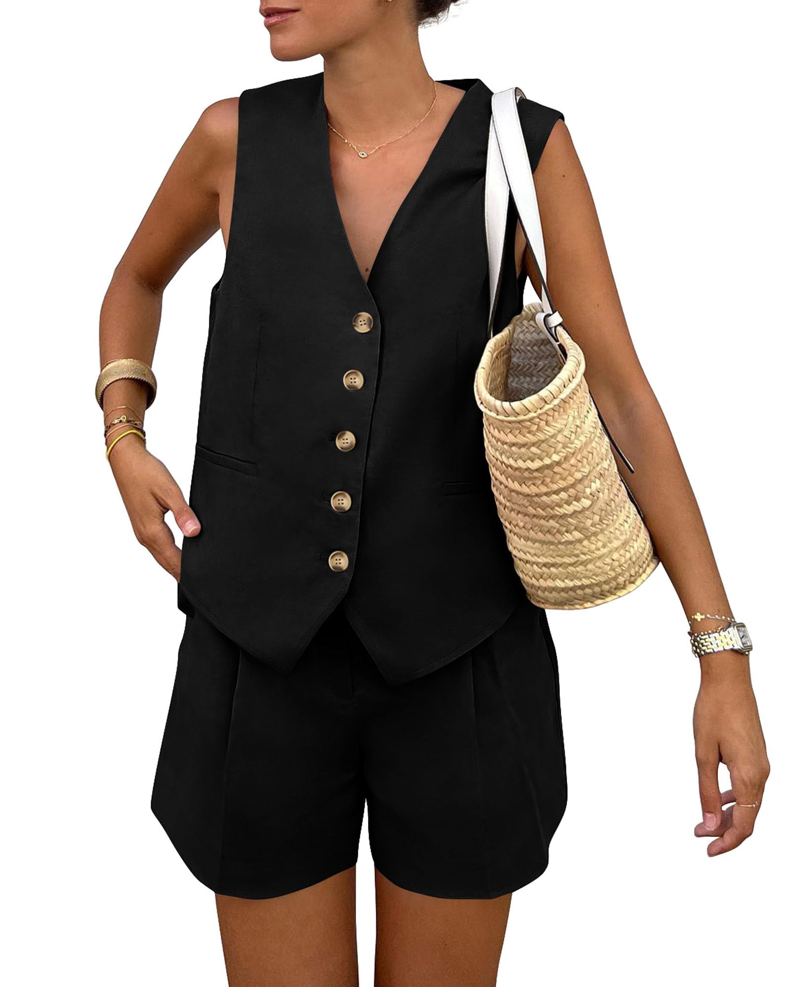 PRETTYGARDEN Women's Summer 2 Piece Outfits Sleeveless Matching Sets Button Down V Neck Vest Waistcoat and Pockets Shorts
