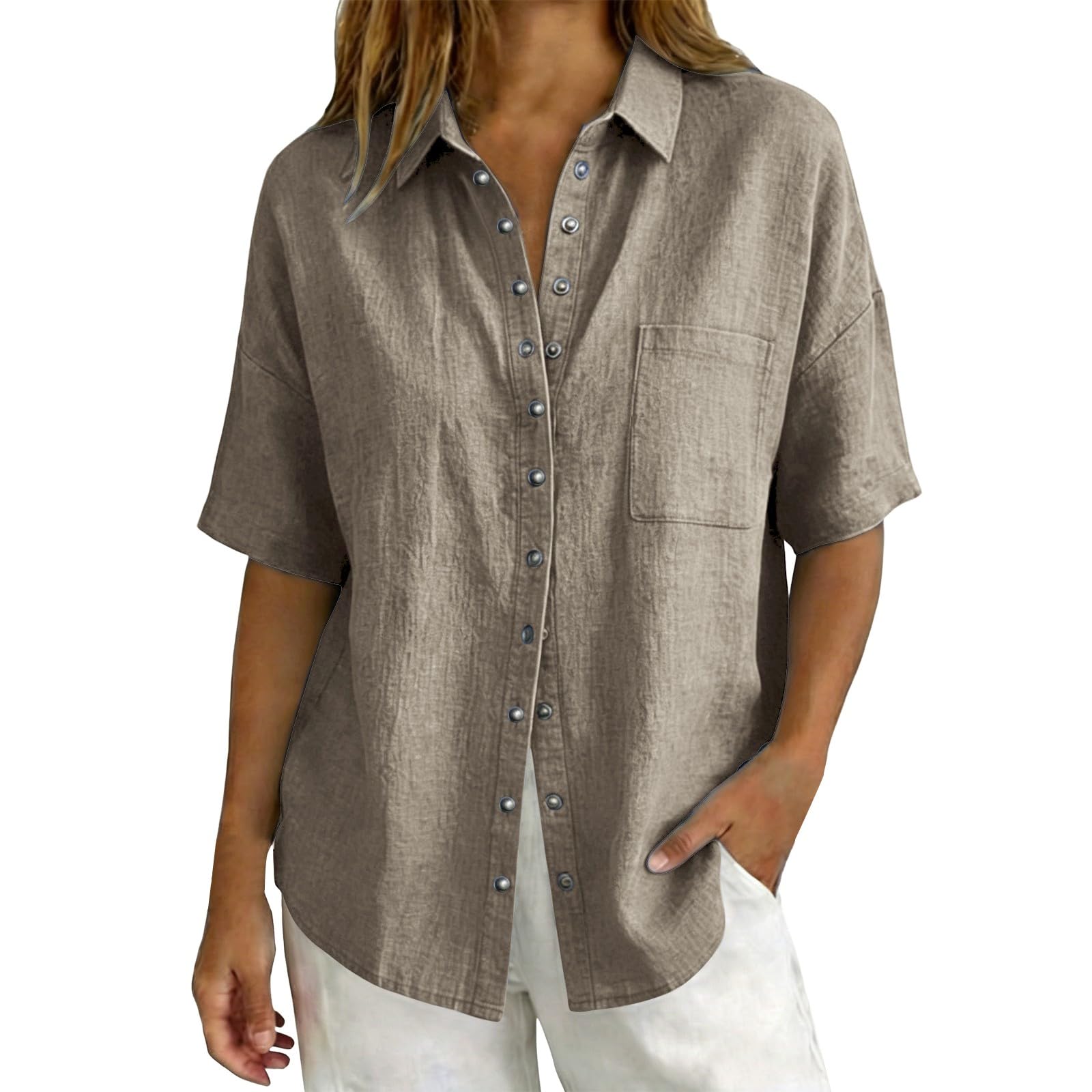 Linen Tops for Women Breathable Gauze Shirts Cotton Button Down Summer Elbow Length Blouses Dressy Casual Clothes
