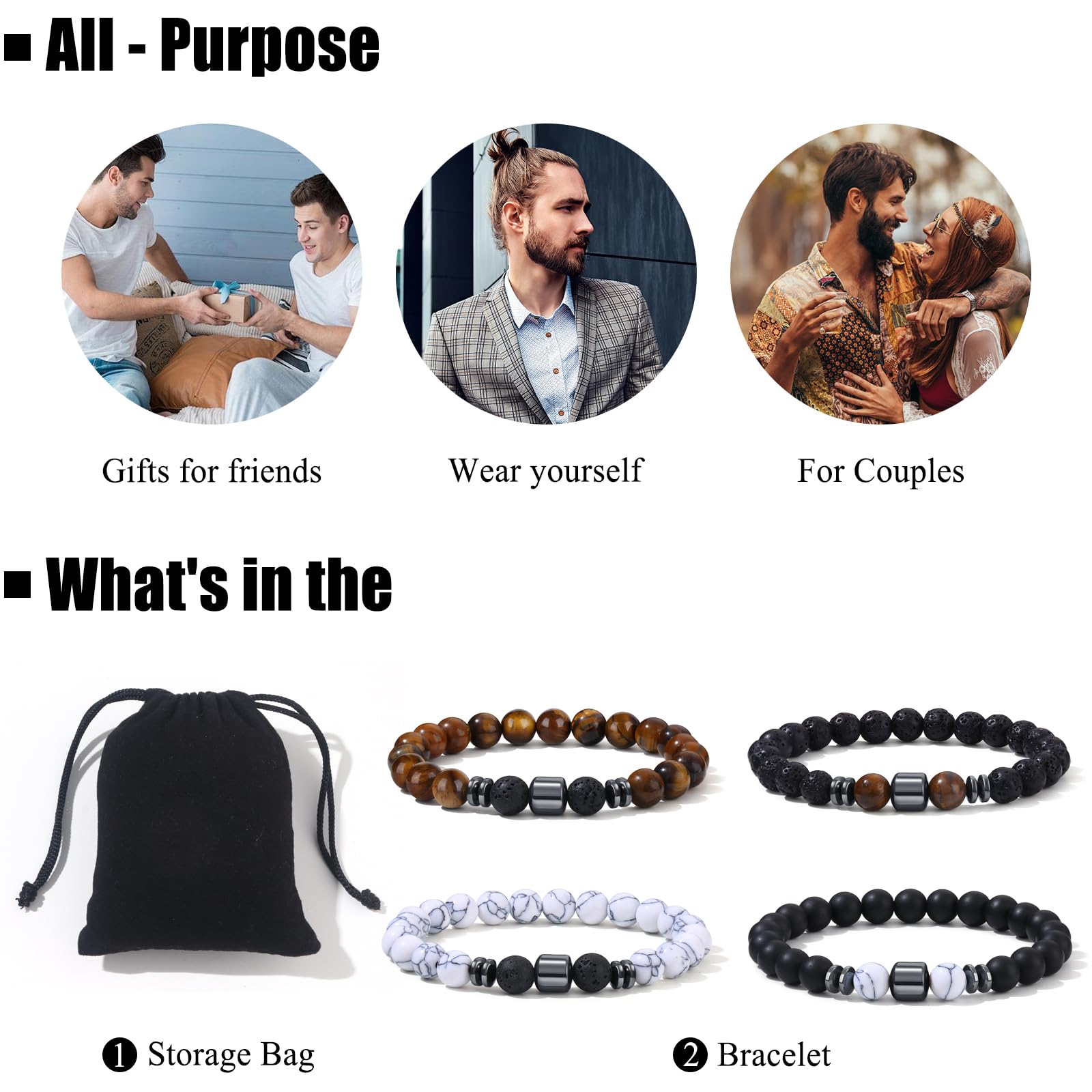Giovanchi 4-12PCS Bracelets for Men, 8MM Mens Bracelets Lava Rock Black Obsidian Howlite Tiger Eye Beaded Natural Stone Bracelet Jewelry Gifts for Birthday Christmas