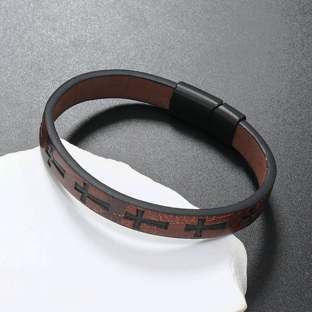 1PC Cross Unique Clasp Woven Bracelet, Leather Band Bracelet, Stylish Cross Design for Women and Men, Classical and Fashion Jewelry Accessory(Brown)