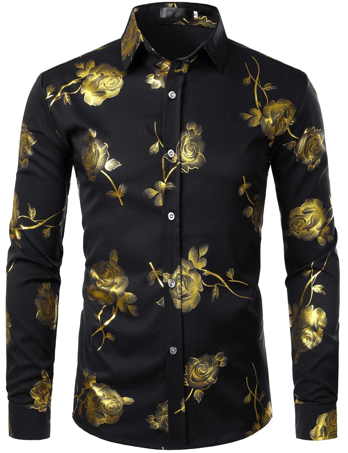 ZEROYAA Mens Hipster 3D Golden Rose Floral Printed Slim Fit Long Sleeve Button Down Dress Shirts