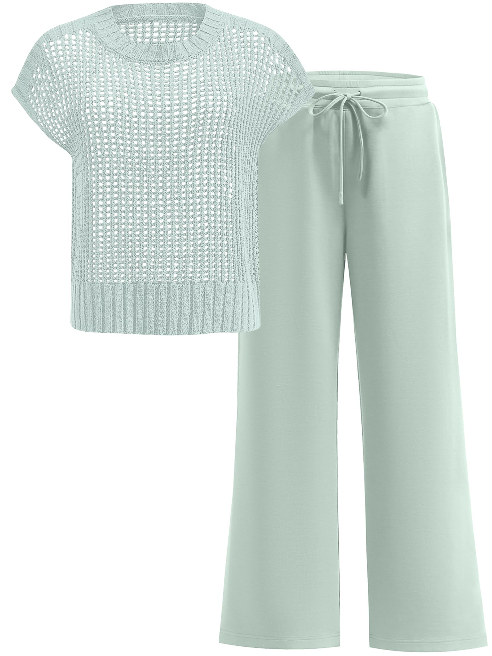 ANRABESS Women Two Piece Outfits Crochet Sheer Knit Sweater Top Wide Leg Pants Lounge Matching Sets Sweatsuit Travel Clothes