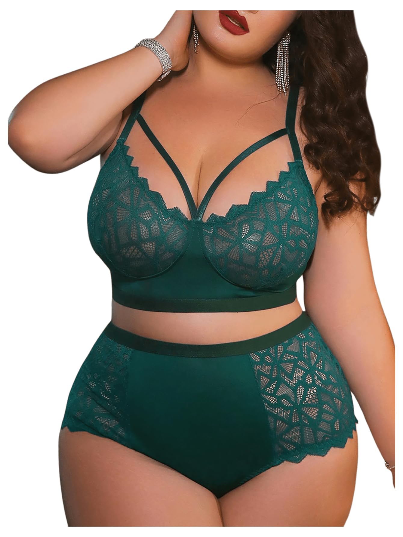 MakeMeChic Women's Plus Size Lingerie Sets Contrast Lace Cut Out Wireless Bra and Panty Set