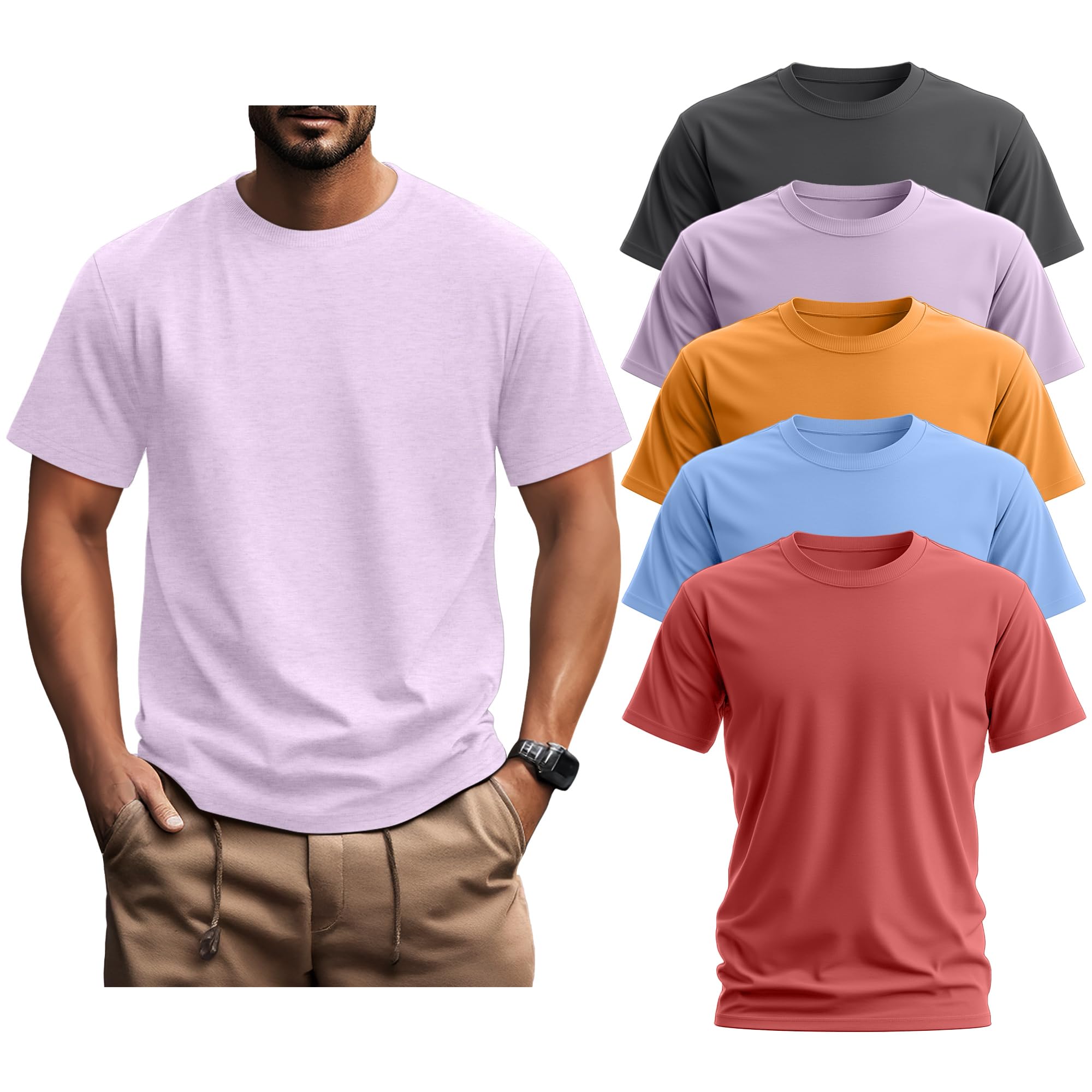 Ficerd 5 Pack Men's Big and Tall Shirts Short Sleeve Cotton Tee Summer Crew Neck Oversize Top Loose Fit Shirt Multipack