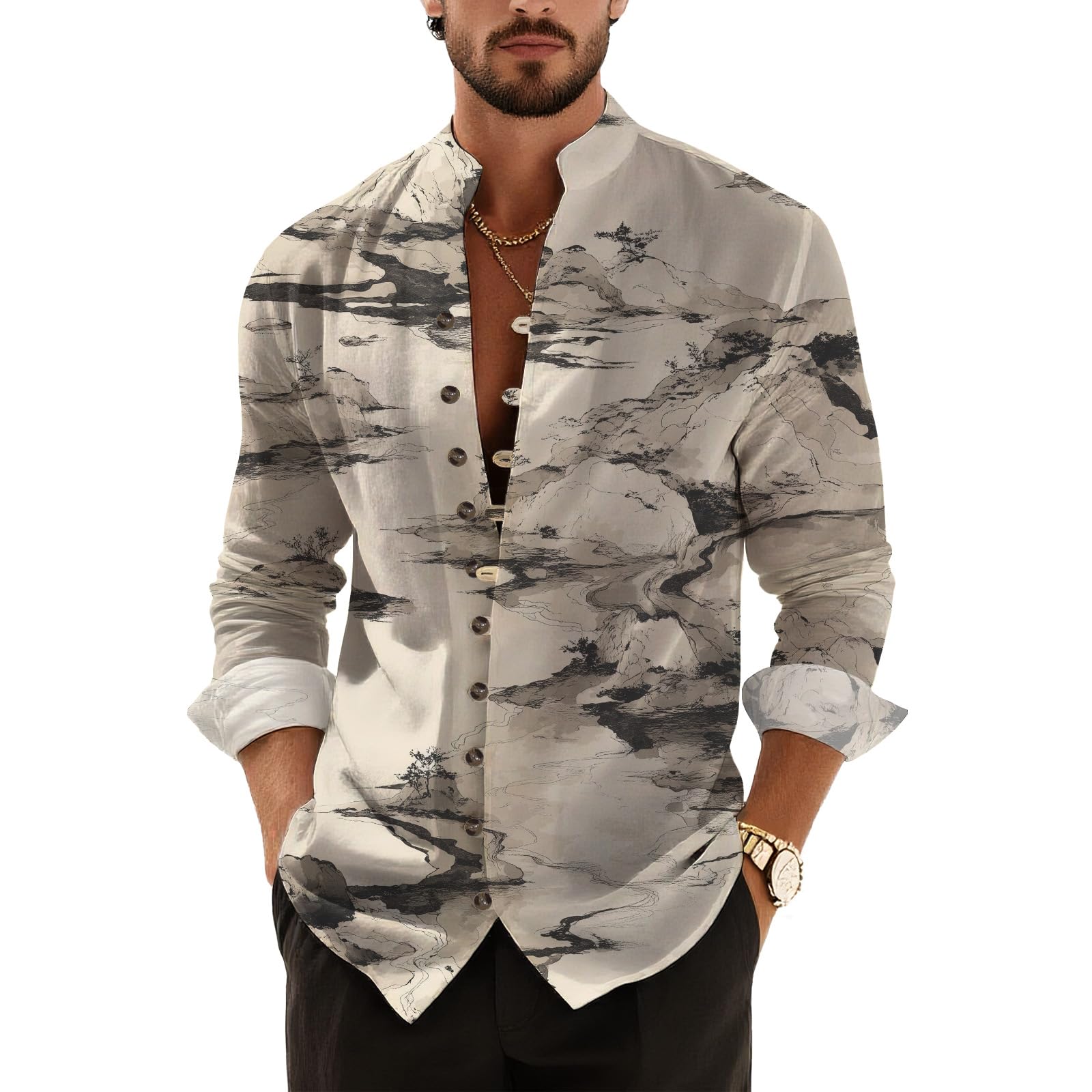 DMOYALA Men’s Hawaiian Button Down Shirts 2025 Fall Casual Long Sleeve Shirts Baggy Henley Neck Beach Vacation Outfits