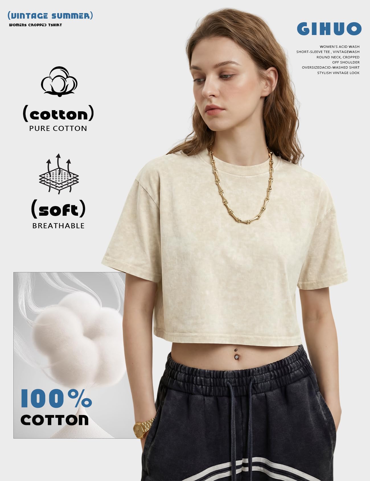 Gihuo Cropped T Shirts for Women Vintage Tees Acid Wash Crop T-Shirts Oversized Cotton Tshirt
