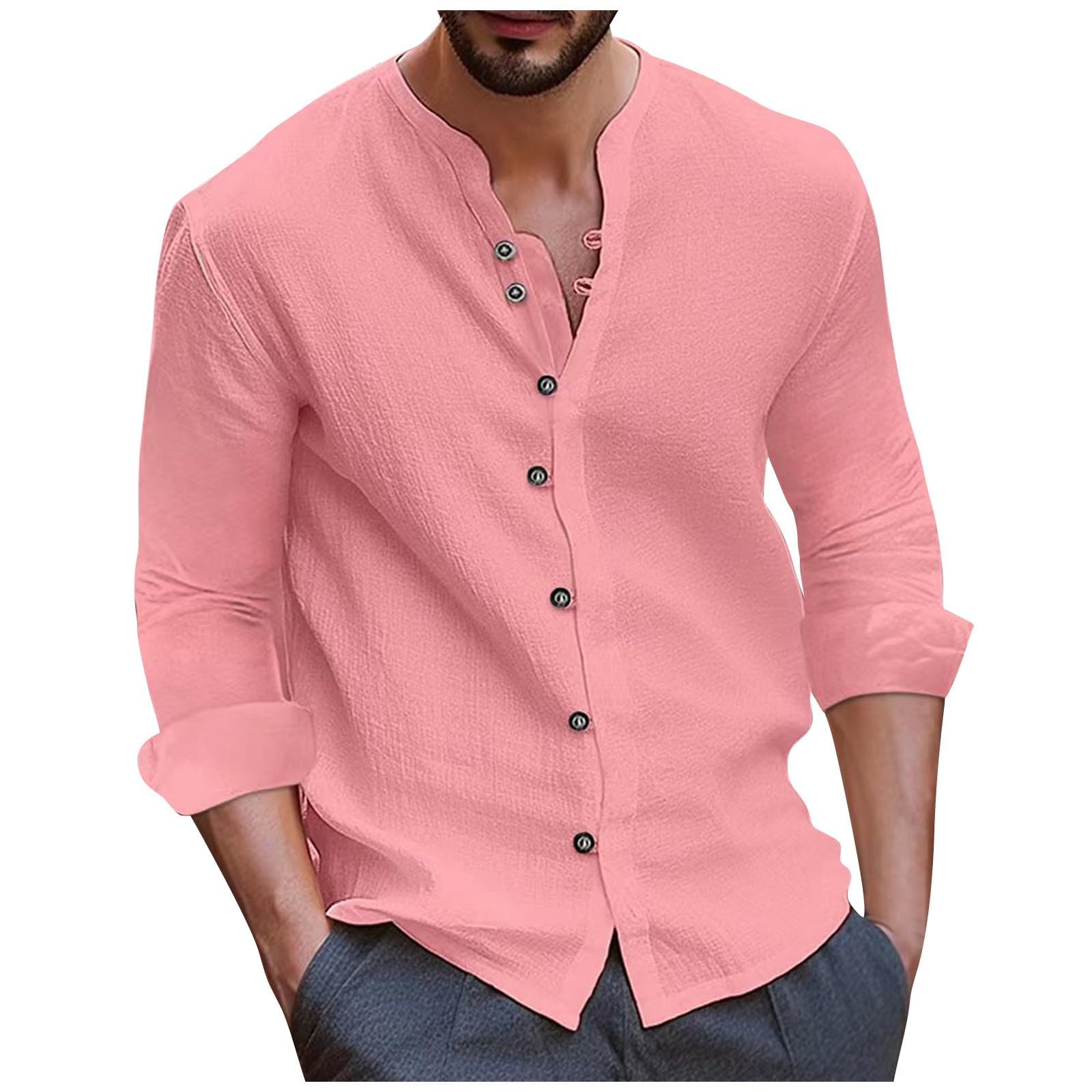 Long Sleeve Shirt Men Vintage Lightweight Plus Size Button Down Blouses Casual Workout Loose V-Neck Cotton Linen Tops