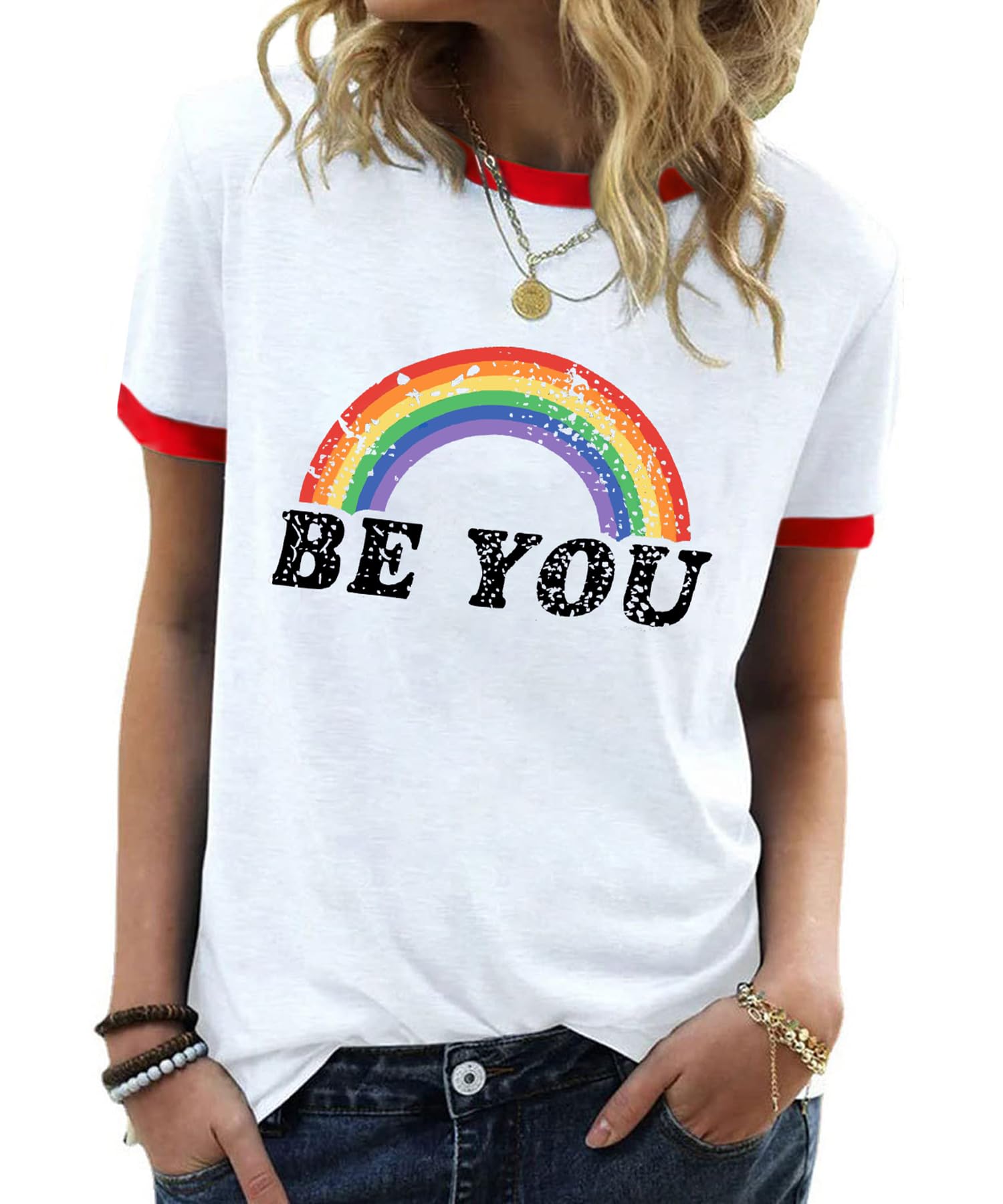 YZMI Pride Shirts for Women Pride Month Rainbow Graphic T-Shirt LGBTQ Support Red Ringer Tee