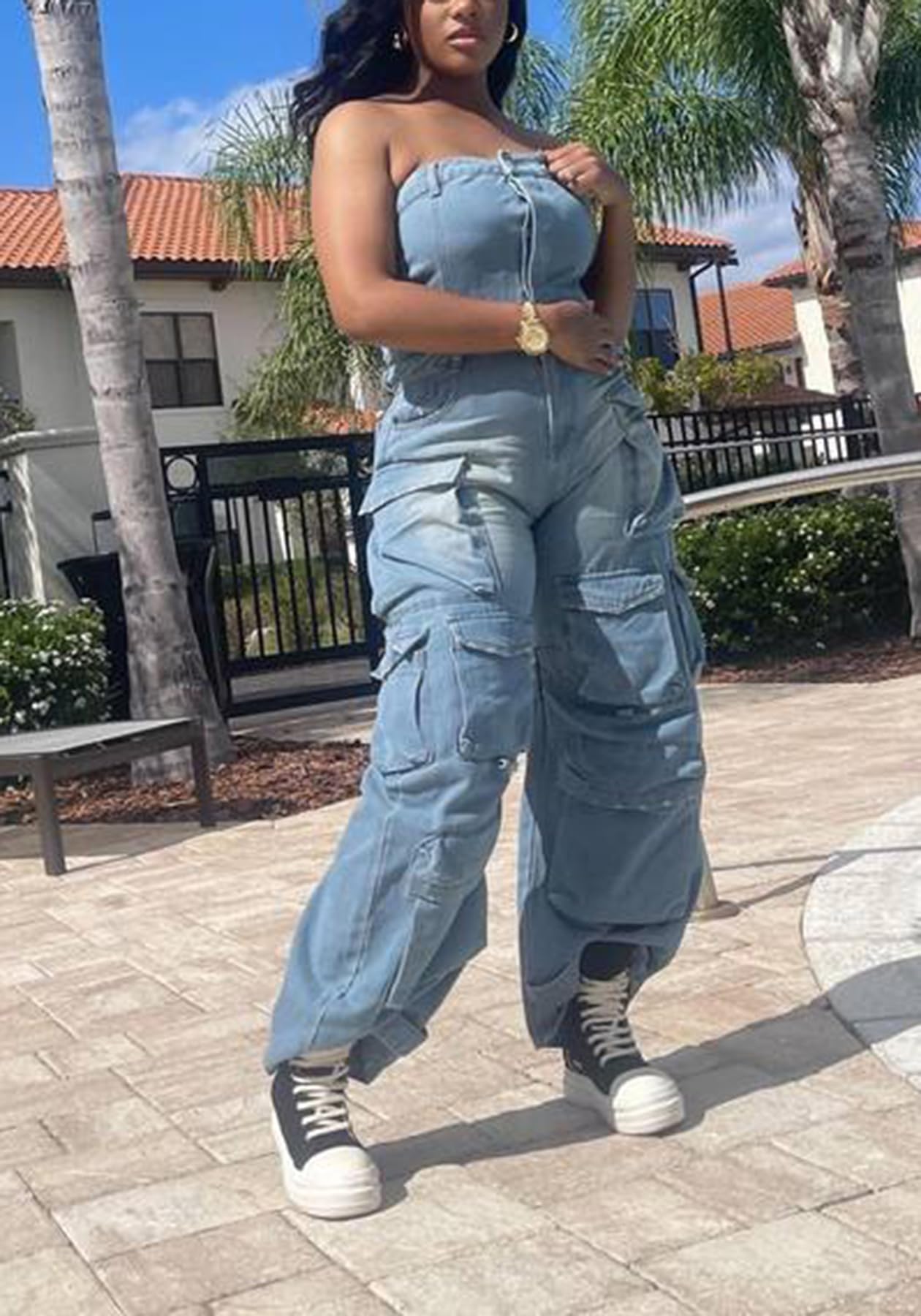 LKOUS Casual Cargo Denim Jumpsuit for Women, Elastic Stretch Multi Pockets Button Down Straight Leg Jeans Jumpsuits