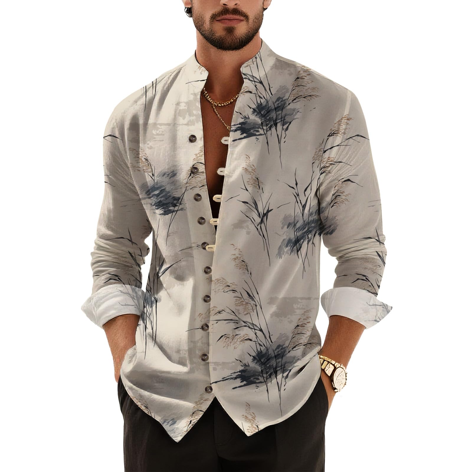 DMOYALA Men’s Hawaiian Button Down Shirts 2025 Fall Casual Long Sleeve Shirts Baggy Henley Neck Beach Vacation Outfits