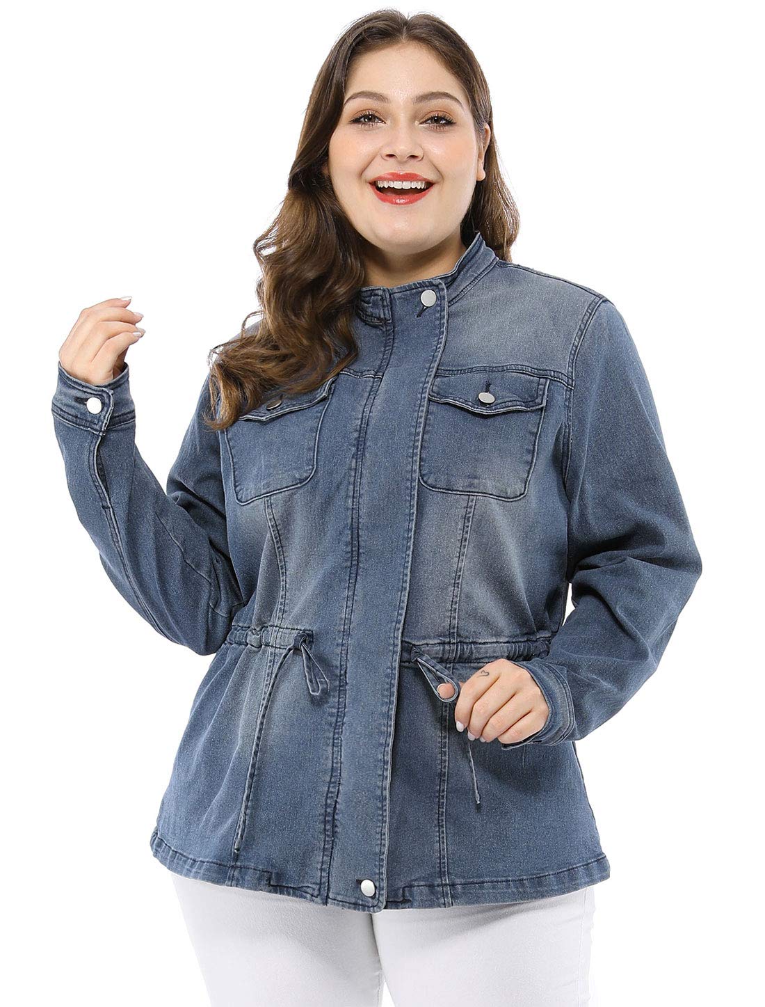 Agnes Orinda Women's Plus Size Denim Jacket Stretch Stand Collar Zip Drawstring Jean Jackets 2024