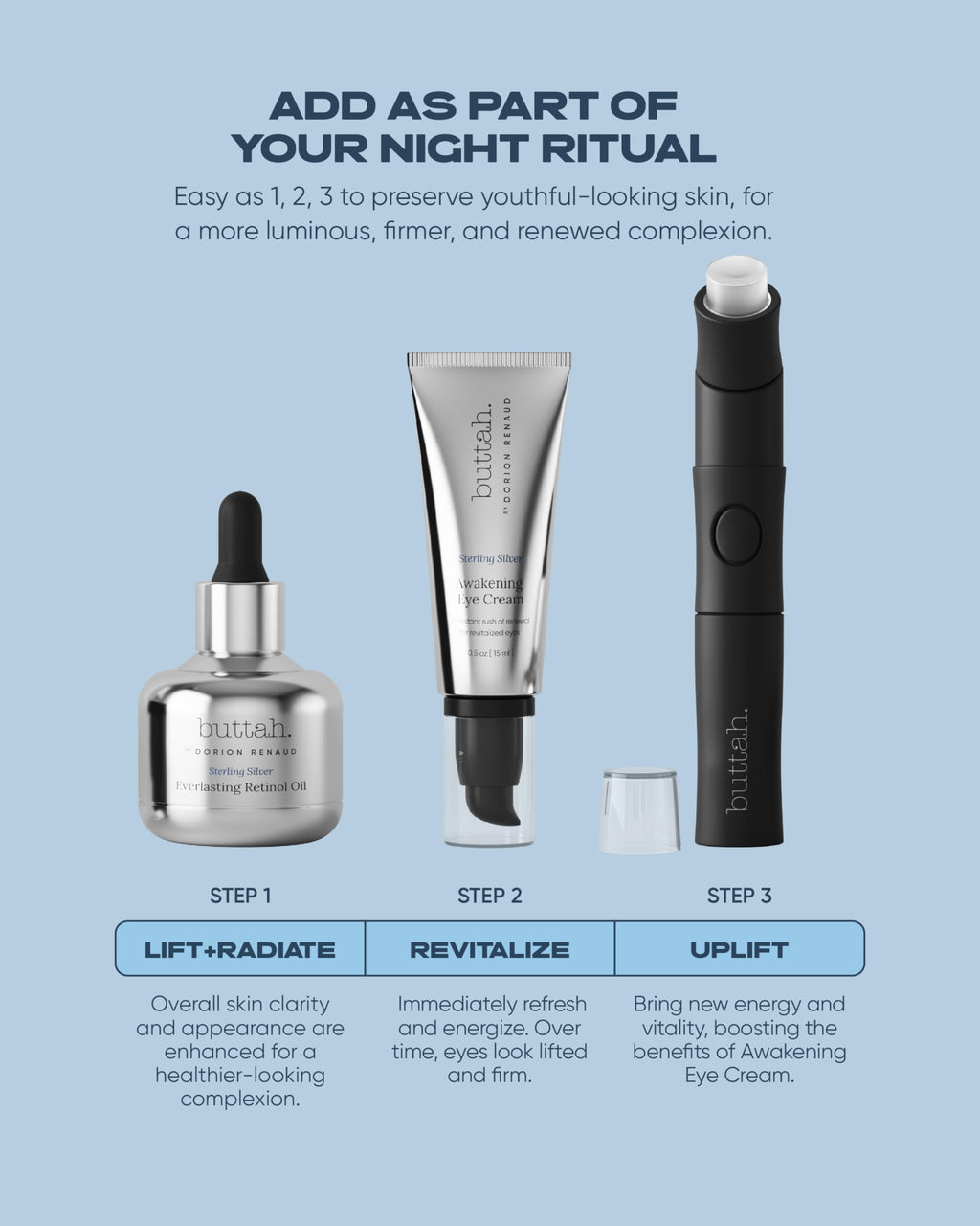 Buttah Skin Sterling Silver Kit for Radiant Beauty - Sterling Silver Kit includes Everlasting Retinol Oil, Awakening Eye Cream, Uplift & Smooth Face Wand. Enhance Your Skin Clarity With This Sterling