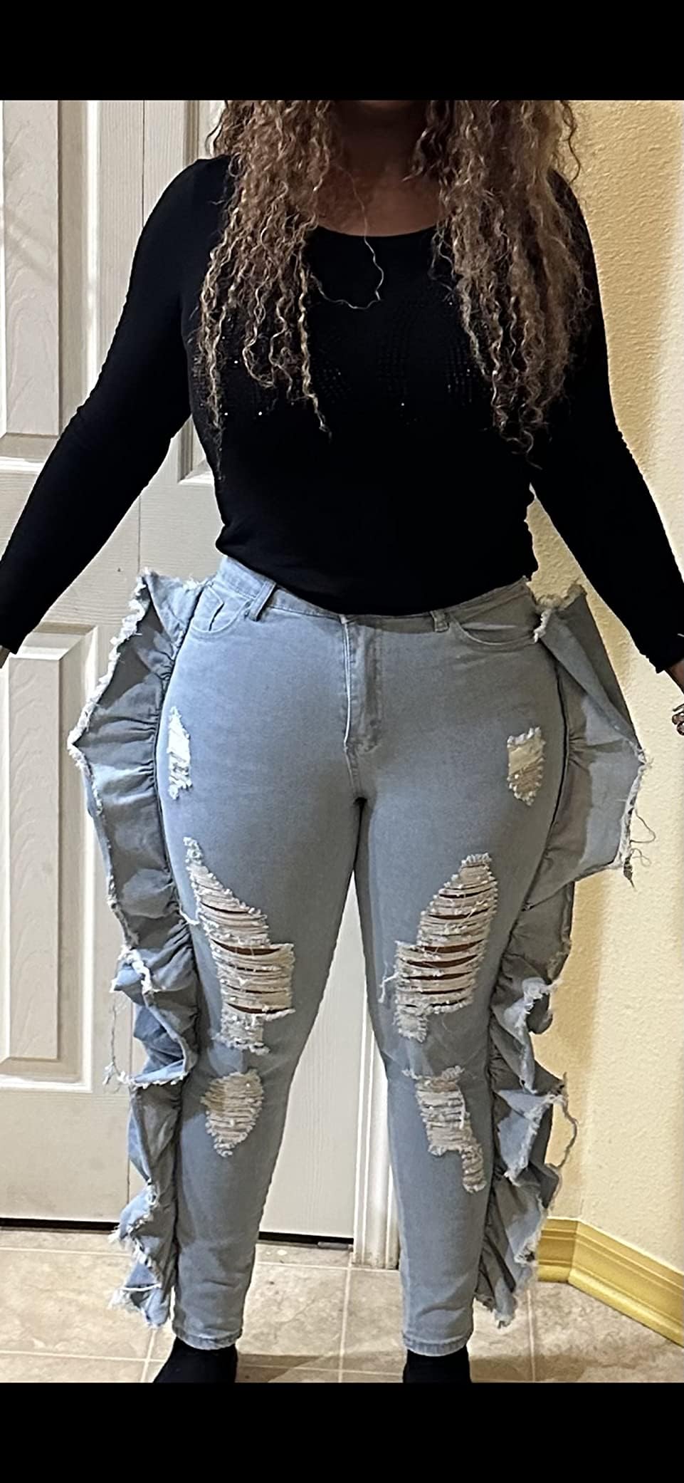 SperLucky Plus Size Jeans for Women Blue High Waisted Distressed Casual Jeans