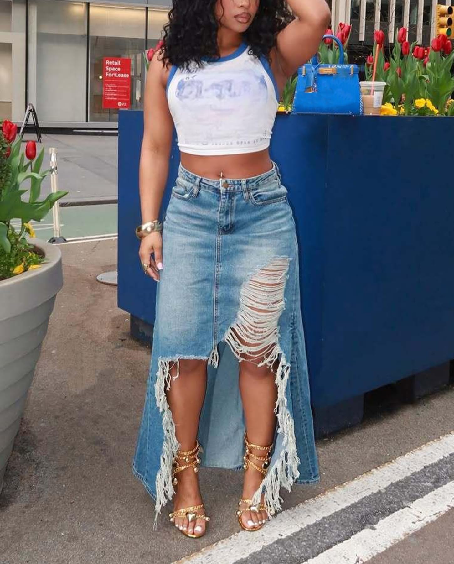Voghtic Casual Slit Long Jean Skirts for Women Denim High Waist Frayed Distressed High Low Denim Skirt